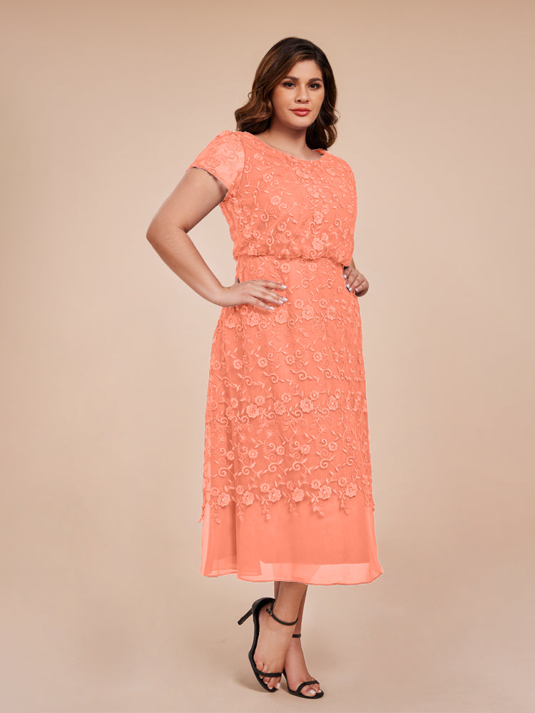 A Line Short Sleeves Tea Length Mother of the Groom Dress