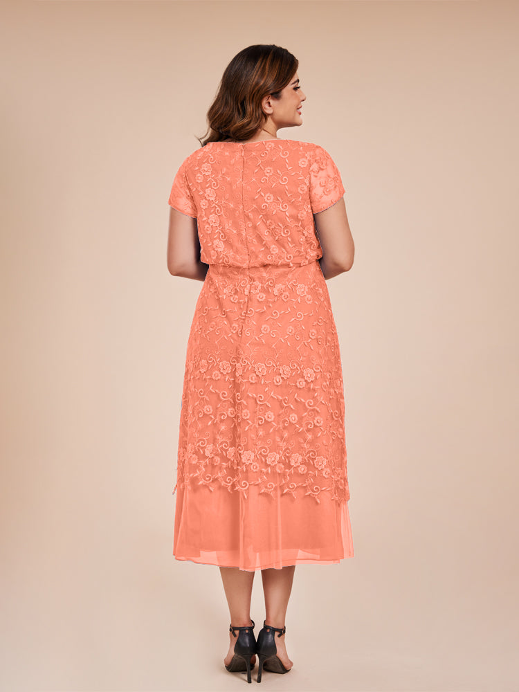 A Line Short Sleeves Tea Length Mother of the Groom Dress