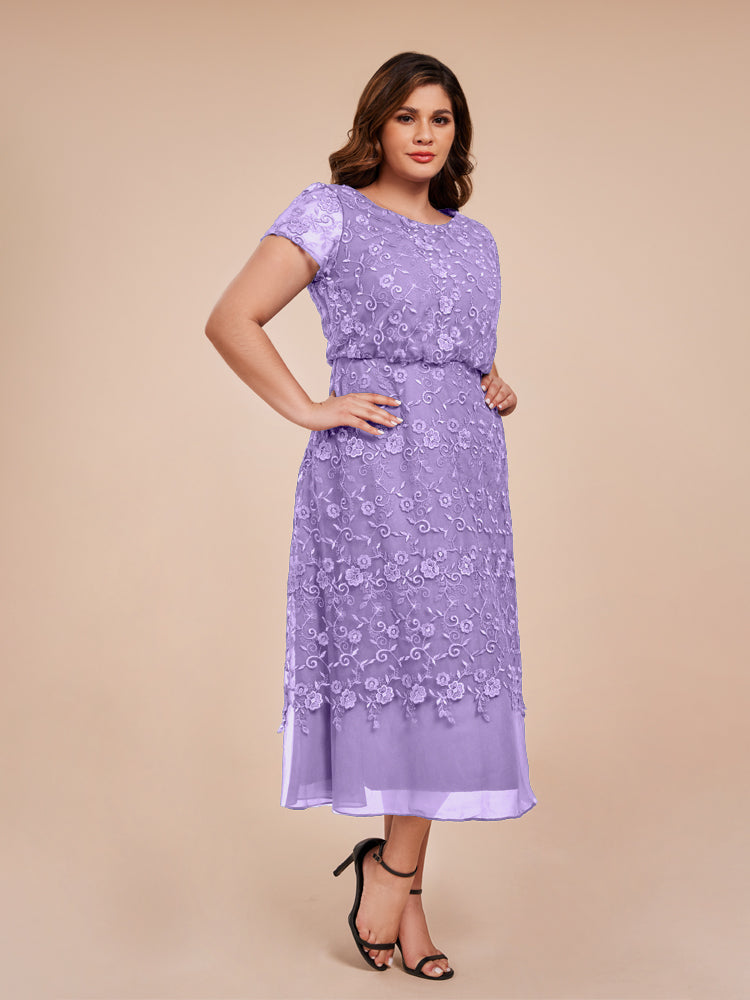 A Line Short Sleeves Tea Length Mother of the Groom Dress
