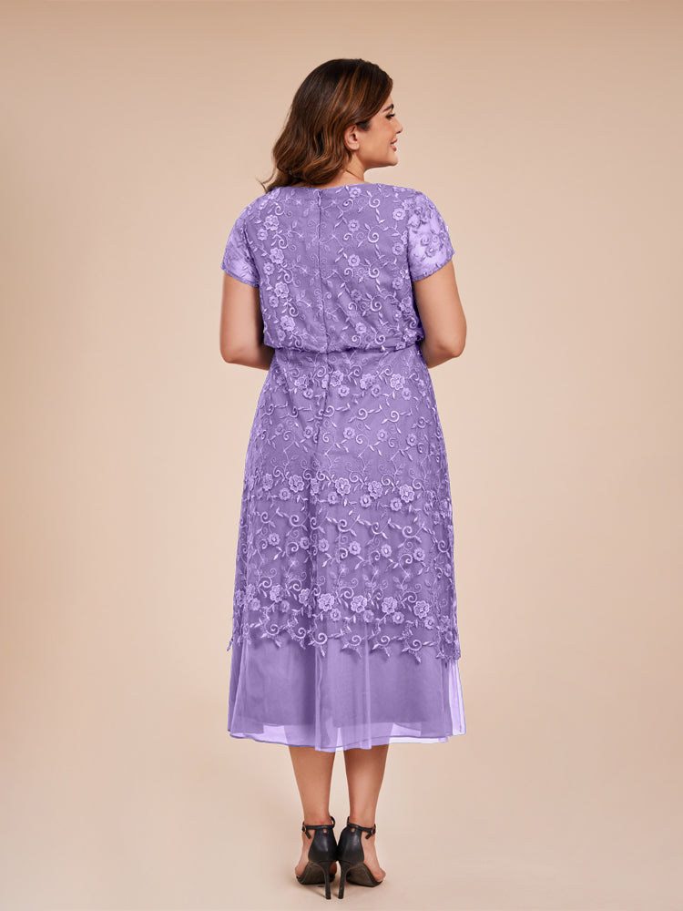 A Line Short Sleeves Tea Length Mother of the Groom Dress