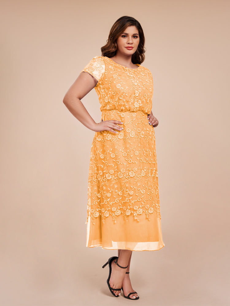 A Line Short Sleeves Tea Length Mother of the Groom Dress