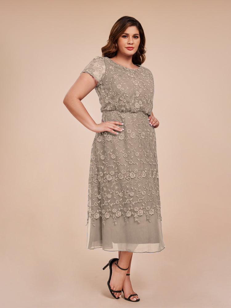 A Line Short Sleeves Tea Length Mother of the Groom Dress