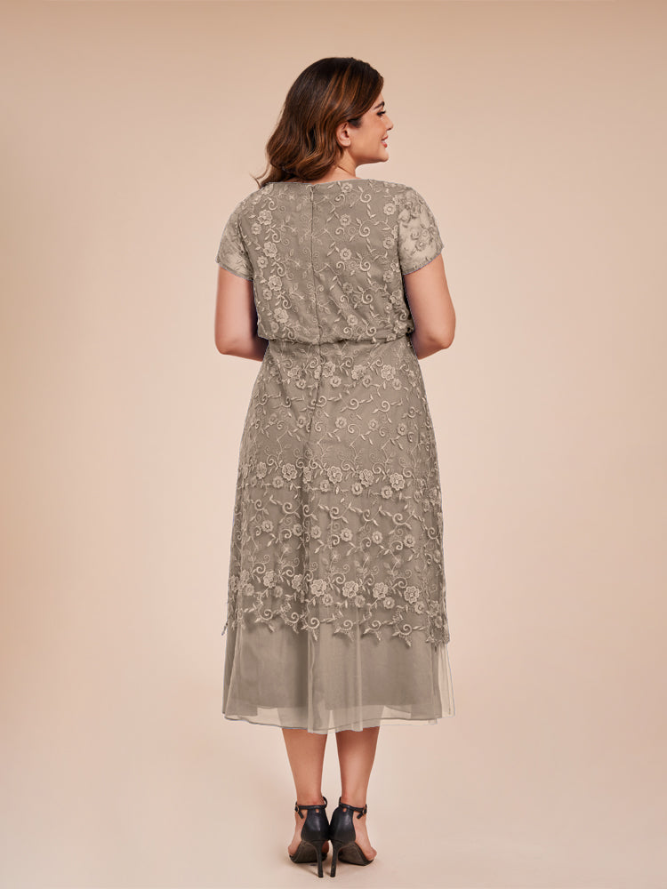 A Line Short Sleeves Tea Length Mother of the Groom Dress
