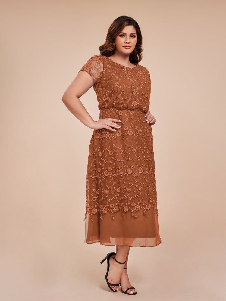 A Line Short Sleeves Tea Length Mother of the Groom Dress