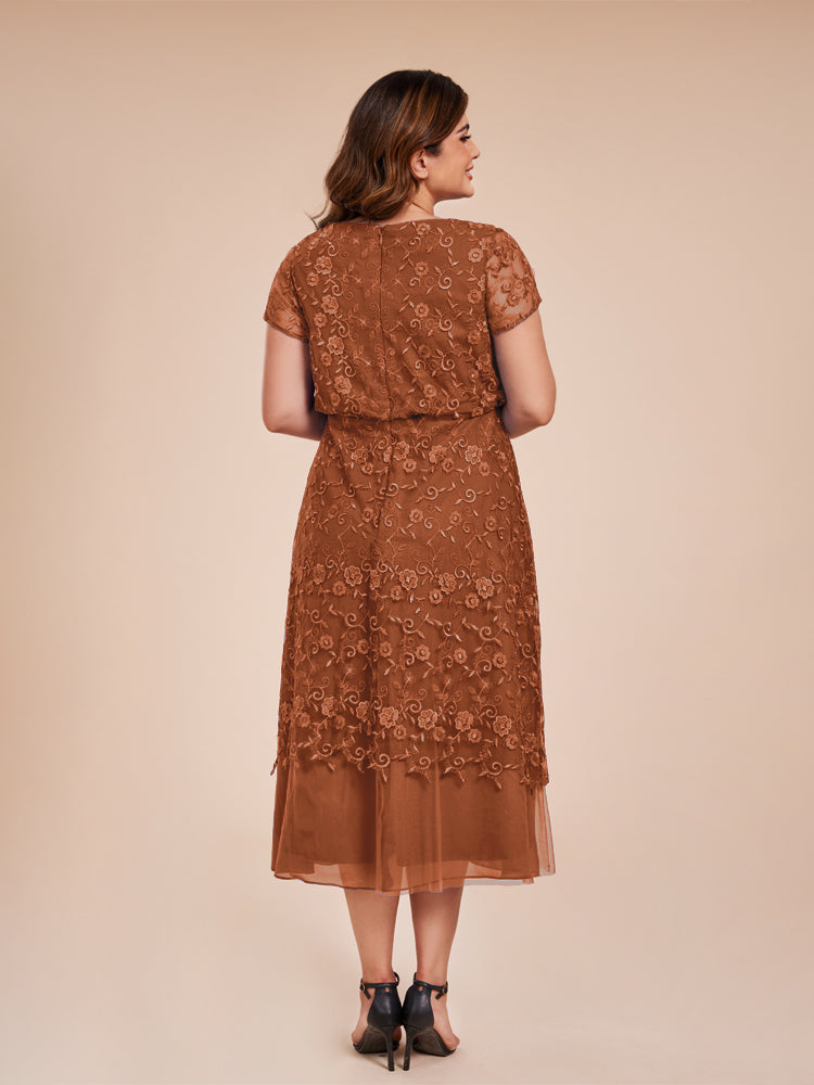 A Line Short Sleeves Tea Length Mother of the Groom Dress