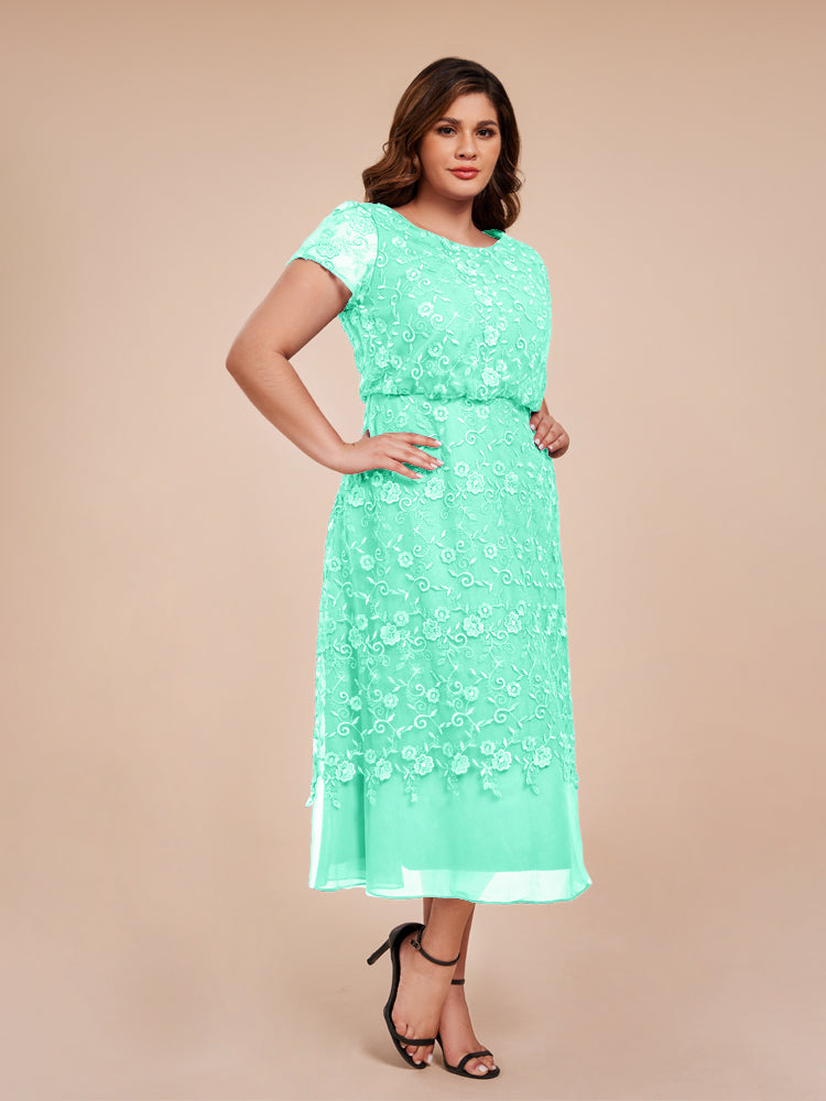 A Line Short Sleeves Tea Length Mother of the Groom Dress