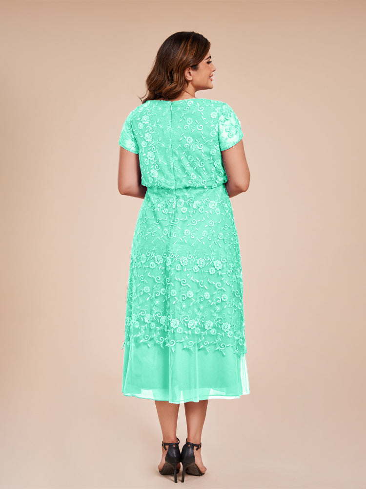 A Line Short Sleeves Tea Length Mother of the Groom Dress