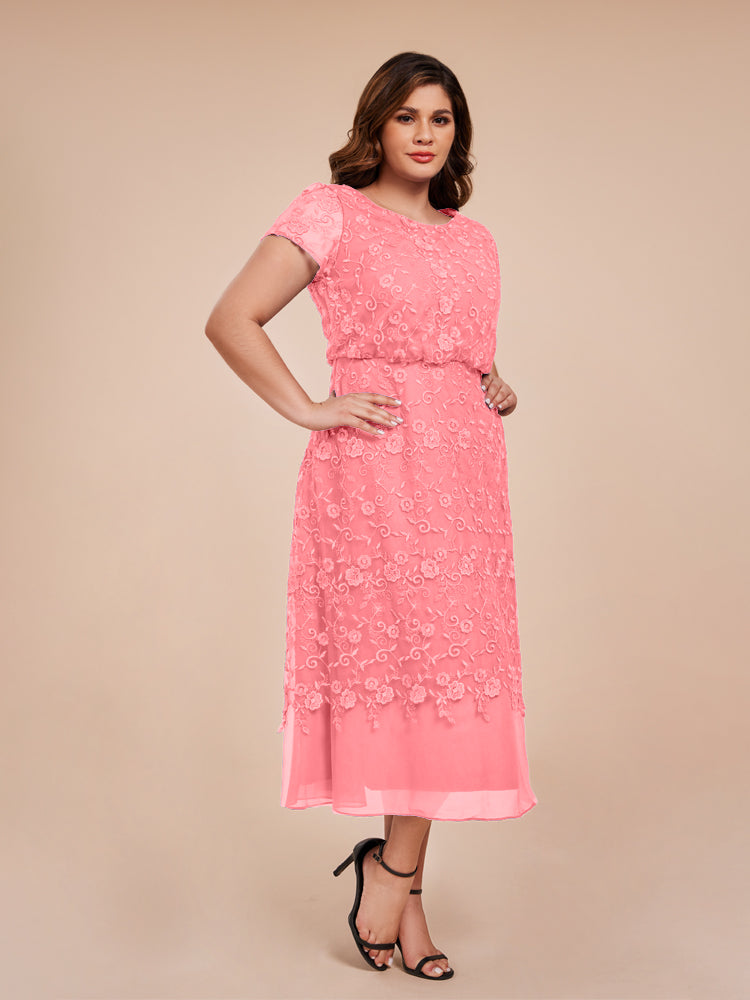 A Line Short Sleeves Tea Length Mother of the Groom Dress
