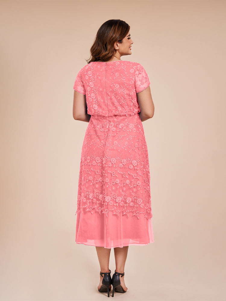 A Line Short Sleeves Tea Length Mother of the Groom Dress