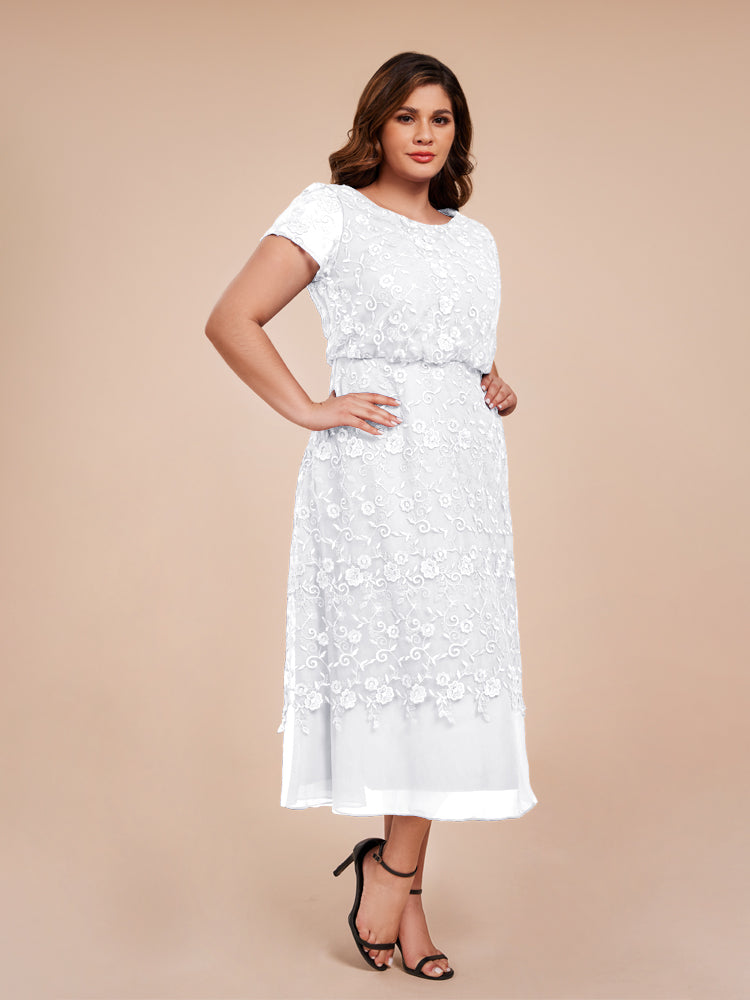 A Line Short Sleeves Tea Length Mother of the Groom Dress