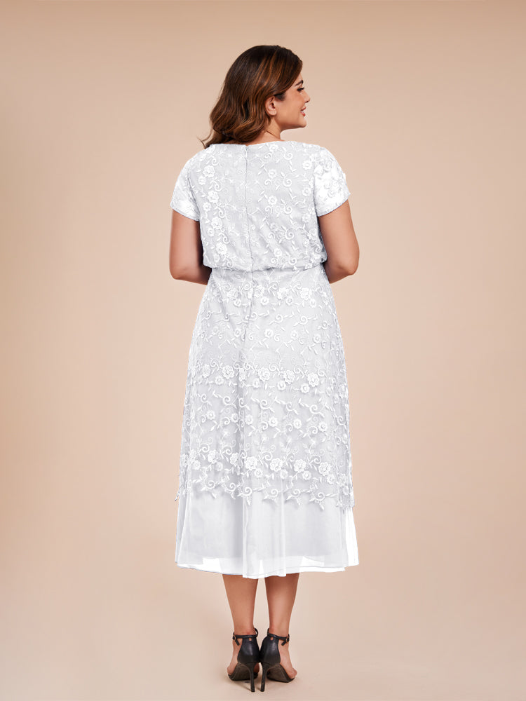A Line Short Sleeves Tea Length Mother of the Groom Dress