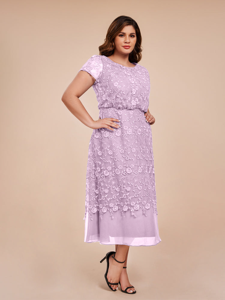 A Line Short Sleeves Tea Length Mother of the Groom Dress
