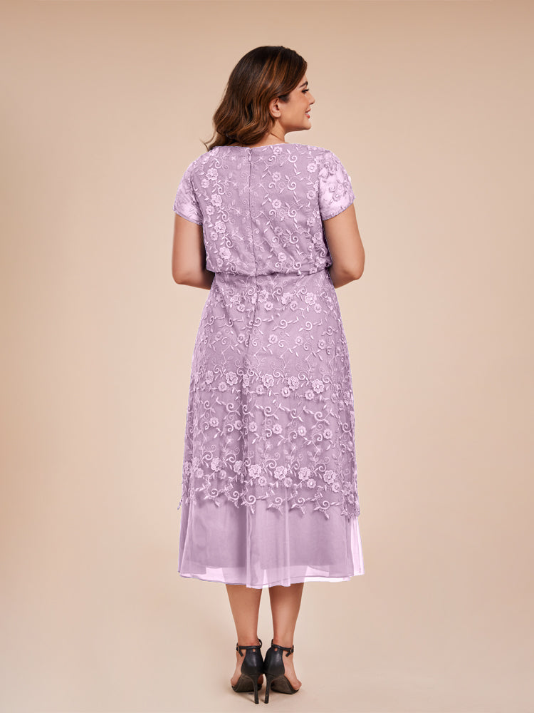 A Line Short Sleeves Tea Length Mother of the Groom Dress