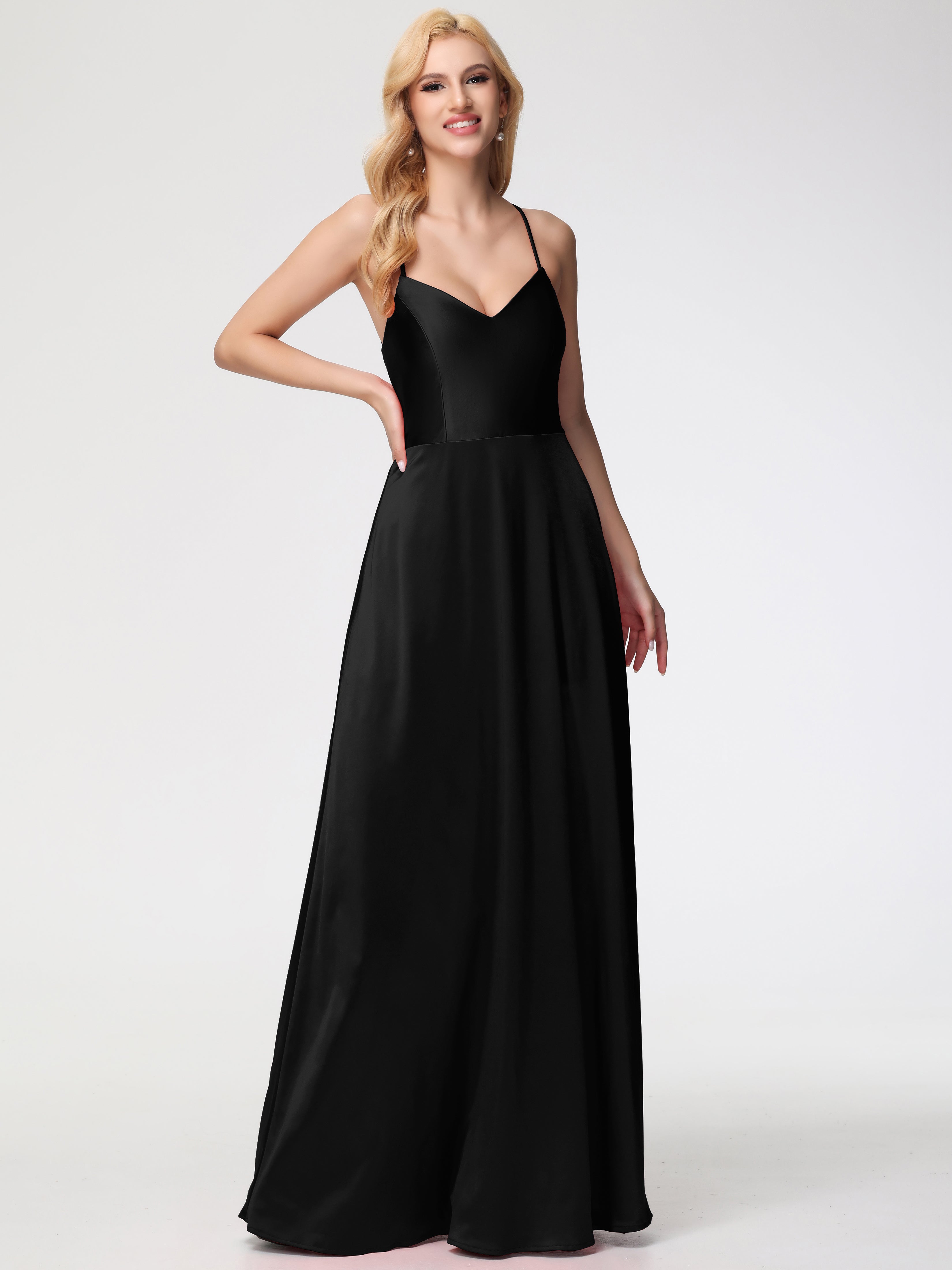 Black Stretch Satin Prom Dress A Line Spaghetti Straps V-Neck Floor Le Black Stretch Satin Prom Dress A Line Spaghetti Straps V-Neck Floor Le