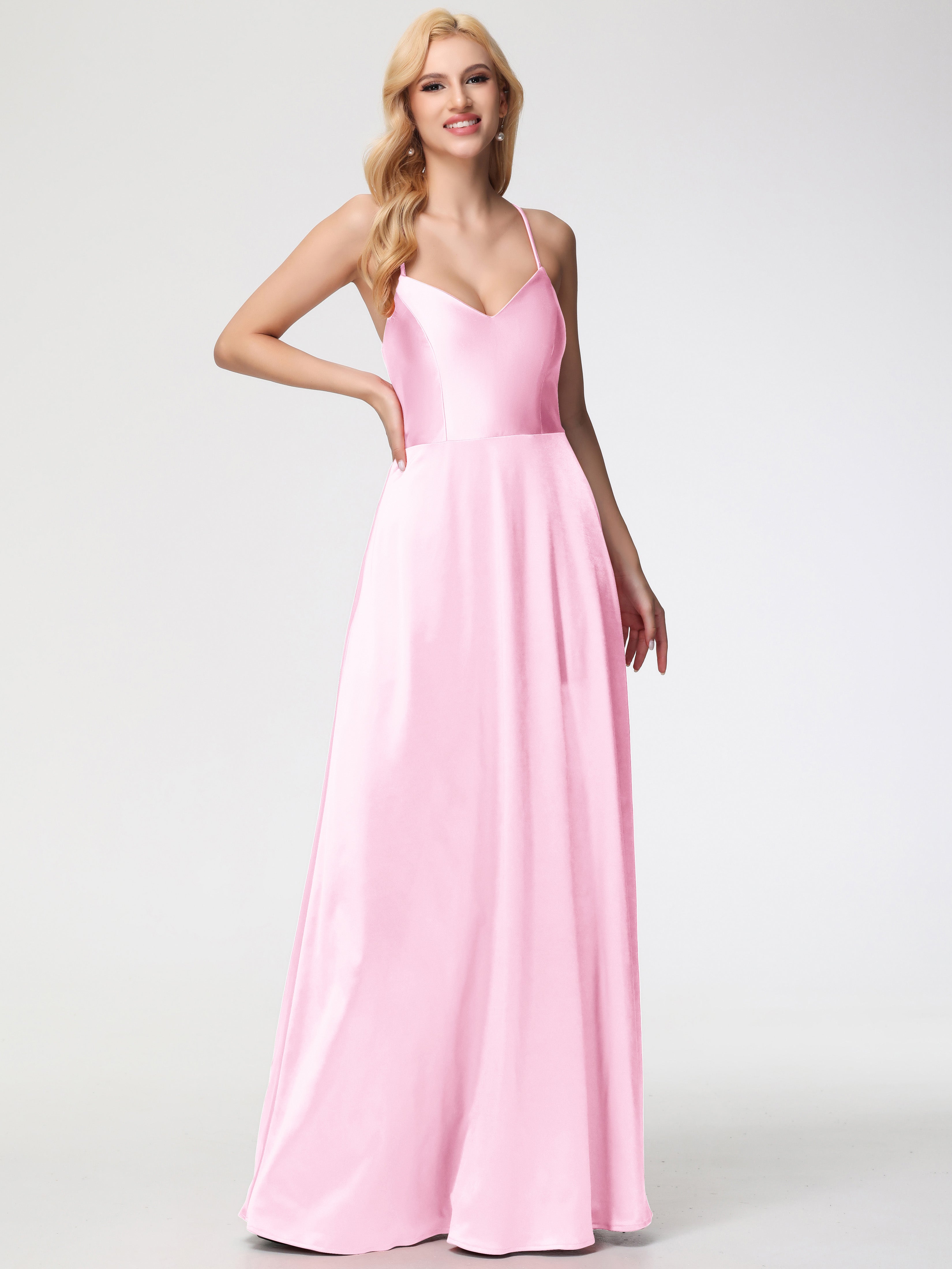 Elegant Blush Pink Bridesmaid Dresses A Line Spaghetti Straps V-Neck Floor Length Stretch Satin Bridesmaid Dress Elegant Blush Pink Bridesmaid Dresses A Line Spaghetti Straps V-Neck Floor Length Stretch Satin Bridesmaid Dress
