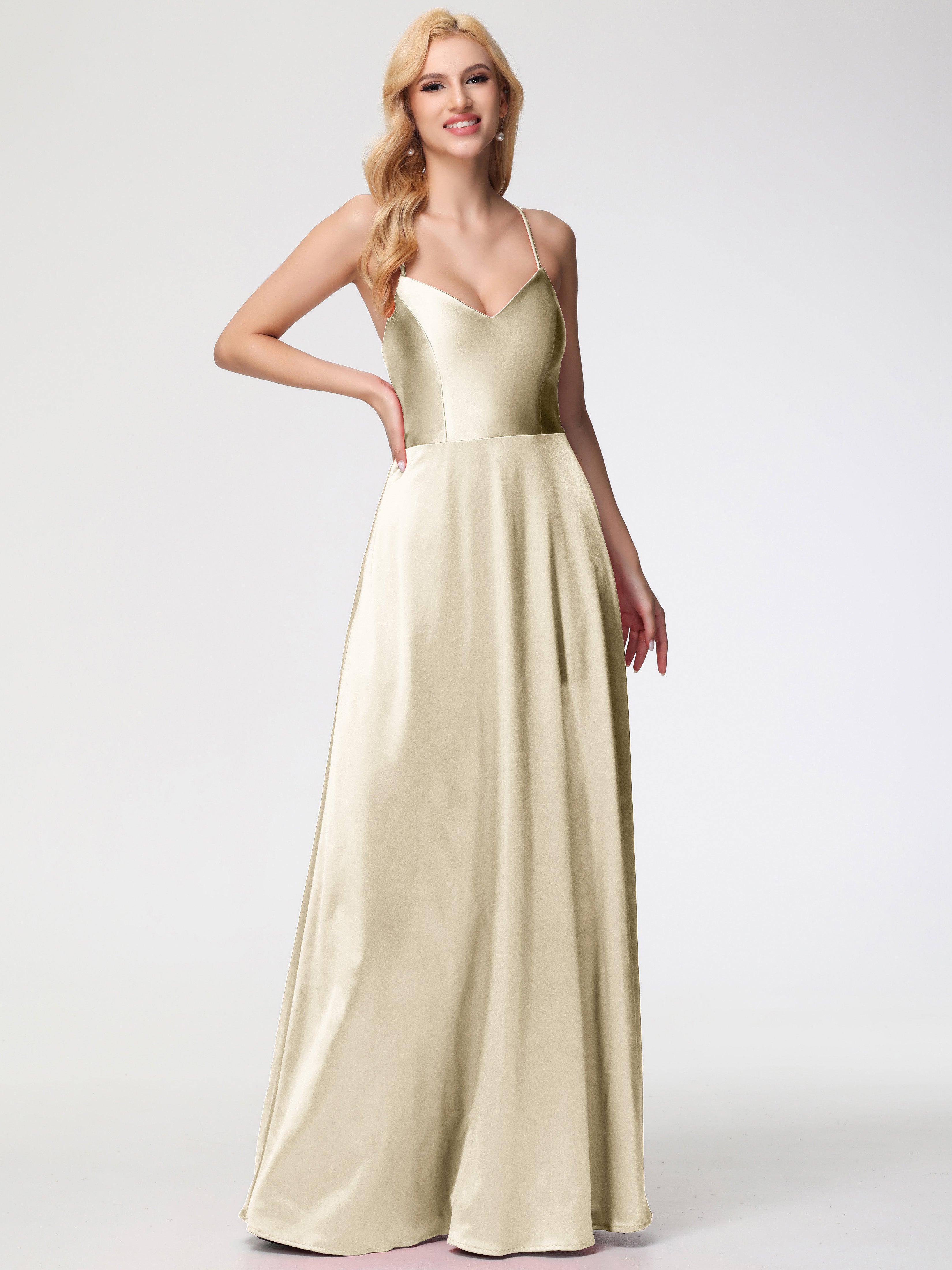 Champagne Dresses Bridesmaid A Line Spaghetti Straps V-Neck Floor Leng Champagne Dresses Bridesmaid A Line Spaghetti Straps V-Neck Floor Leng