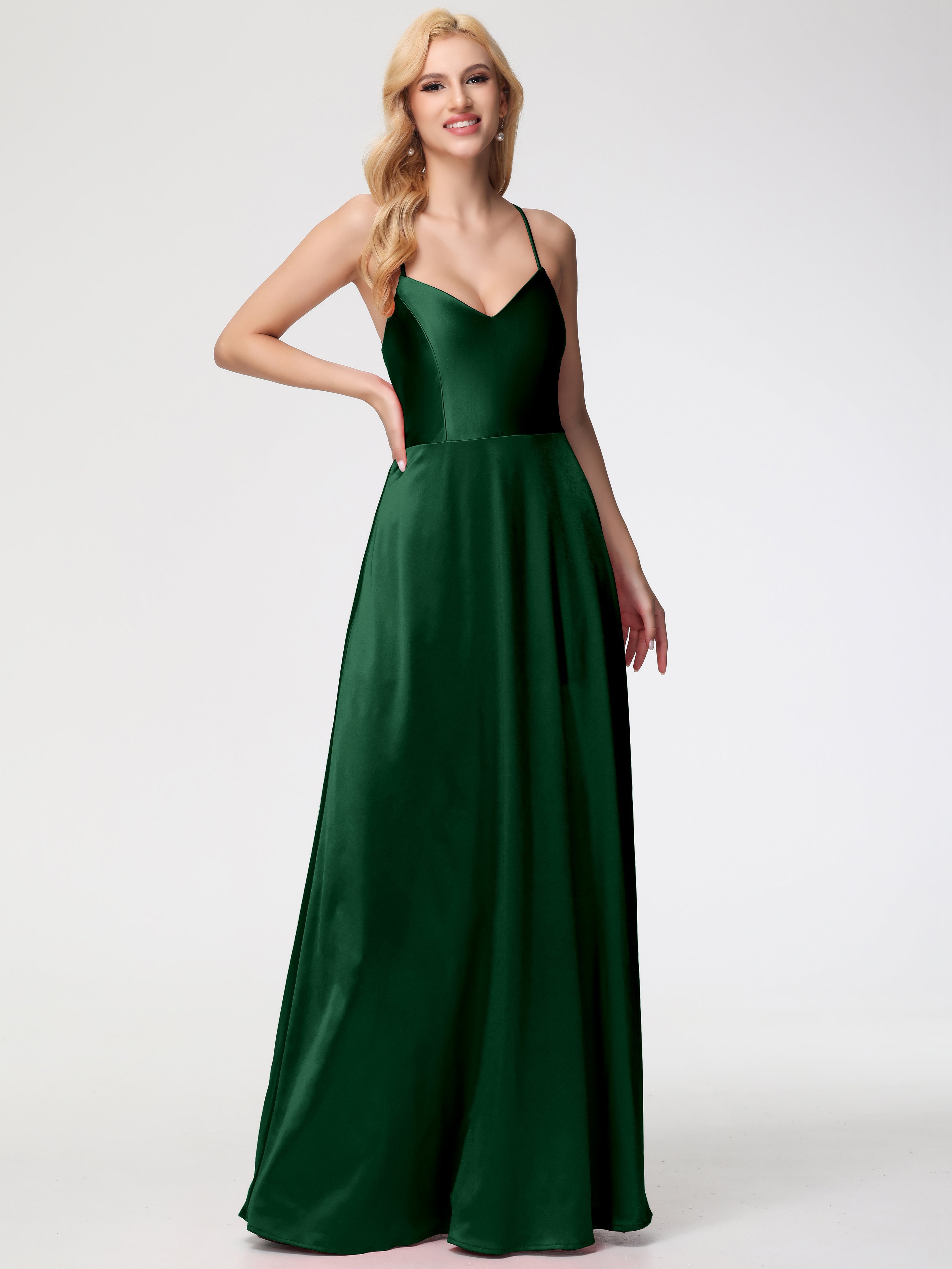 Dark Green Stretch Satin Prom Dress A Line Spaghetti Straps V-Neck Flo