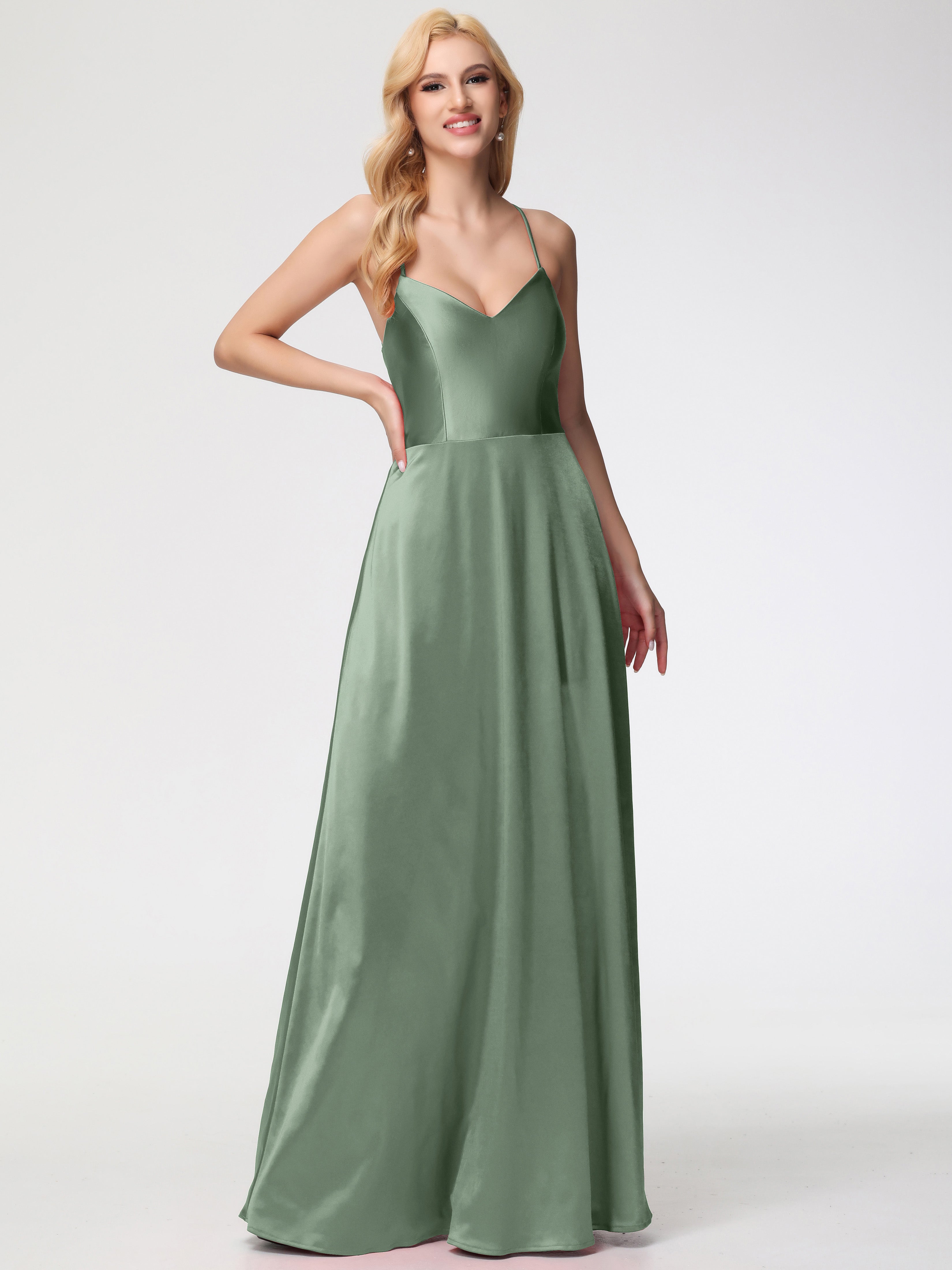 Wedding Dusty Sage Green Bridesmaid Dresses A Line Spaghetti Straps V- Wedding Dusty Sage Green Bridesmaid Dresses A Line Spaghetti Straps V-