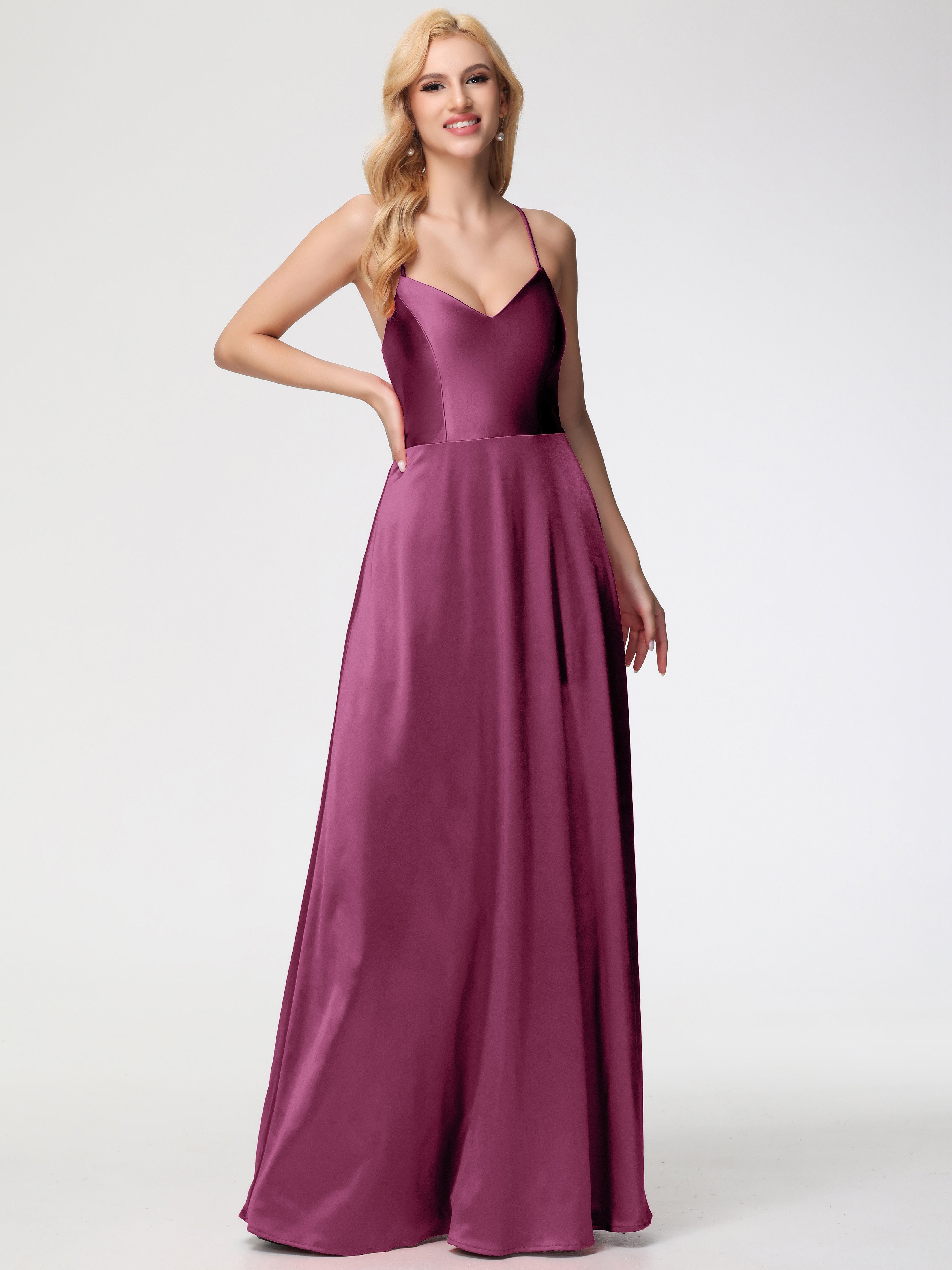Mulberry Prom Dresses A Line Spaghetti Straps V-Neck Floor Length Stretch Satin Prom Dress