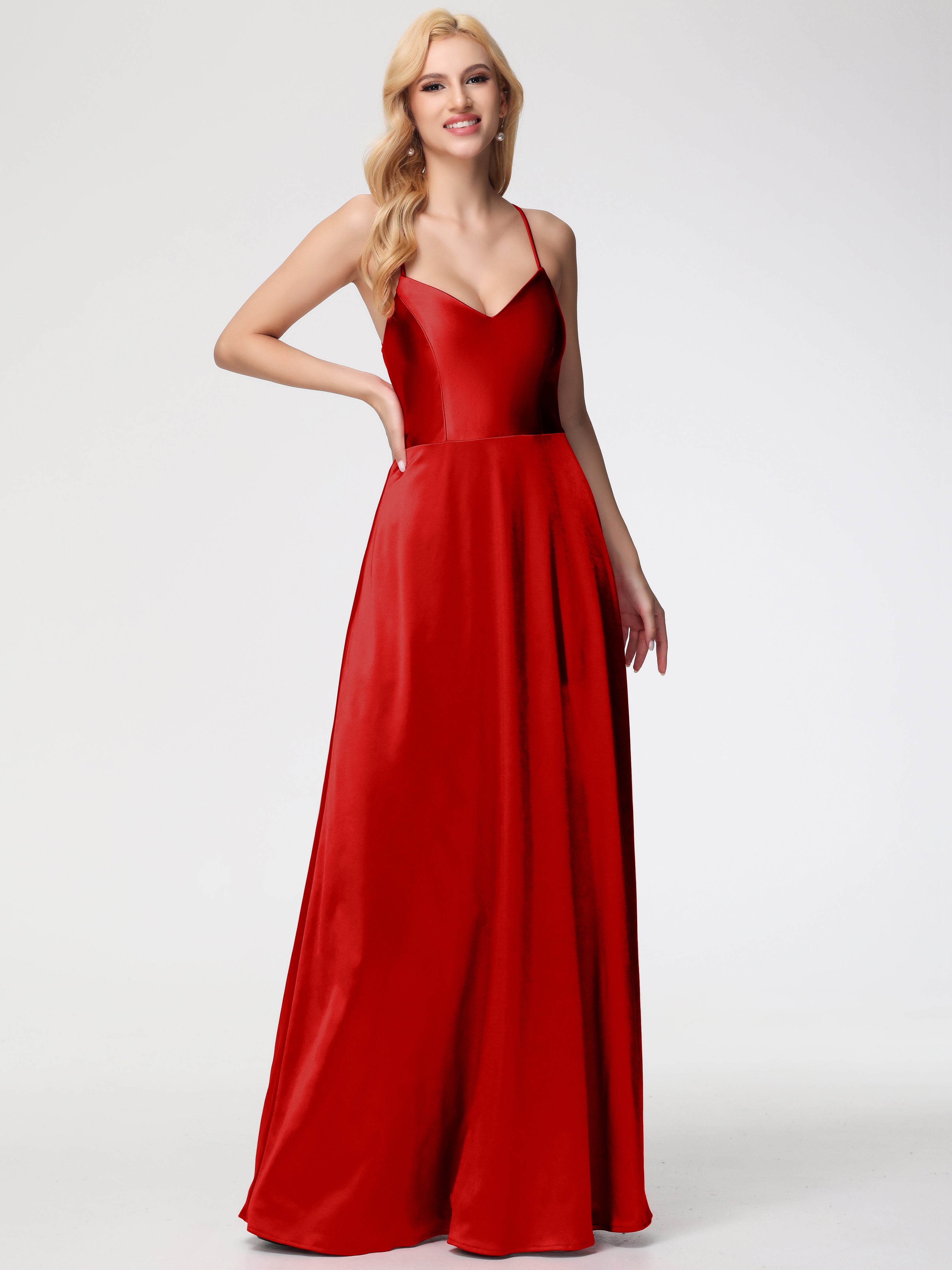 Red Prom Dress A Line Spaghetti Straps V-Neck Floor Length Stretch Sat Red Prom Dress A Line Spaghetti Straps V-Neck Floor Length Stretch Sat