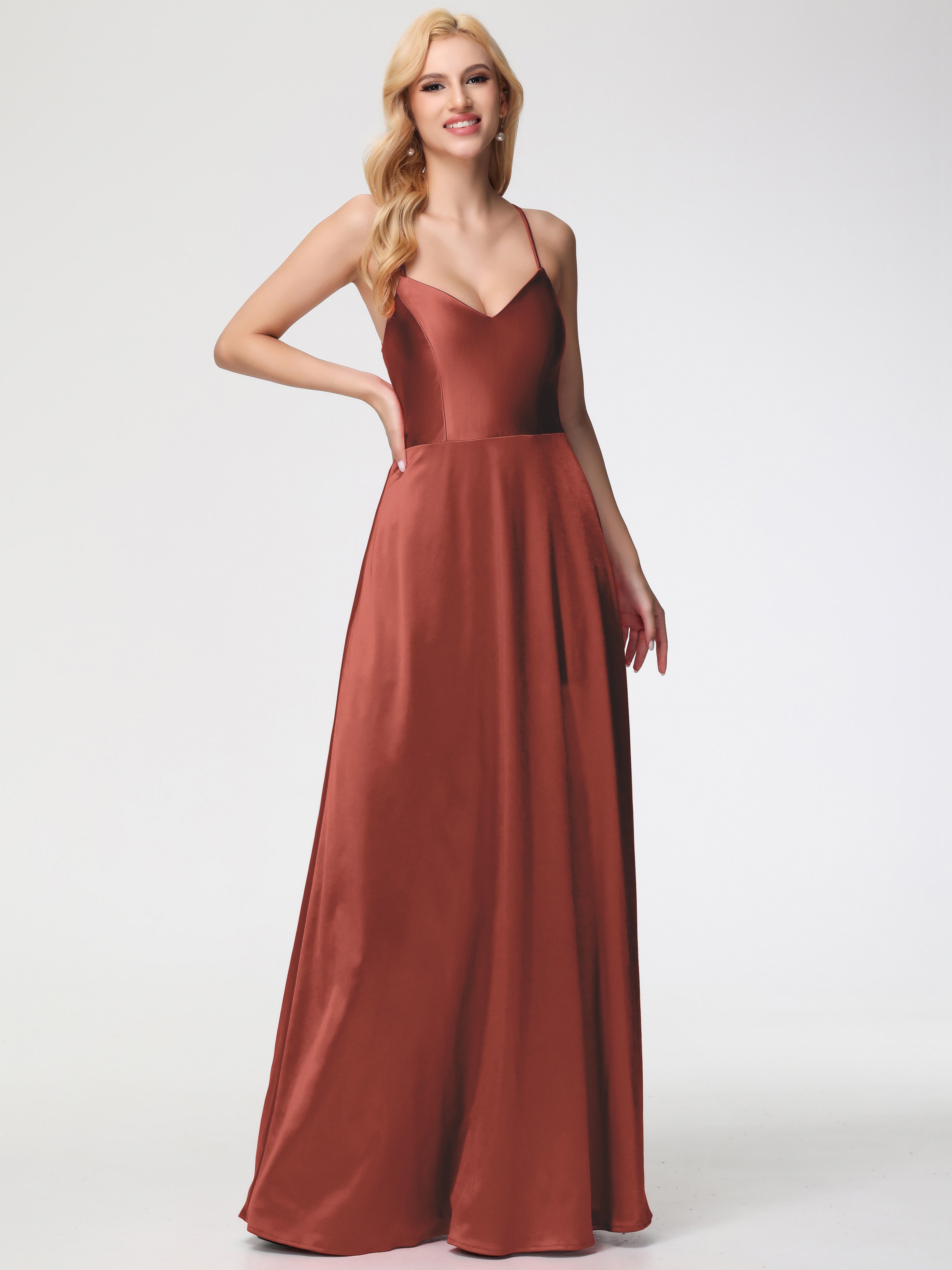 Rust Formal Dresses A Line Spaghetti Straps V-Neck Floor Length Stretch Satin Formal Dress Rust Formal Dresses A Line Spaghetti Straps V-Neck Floor Length Stretch Satin Formal Dress