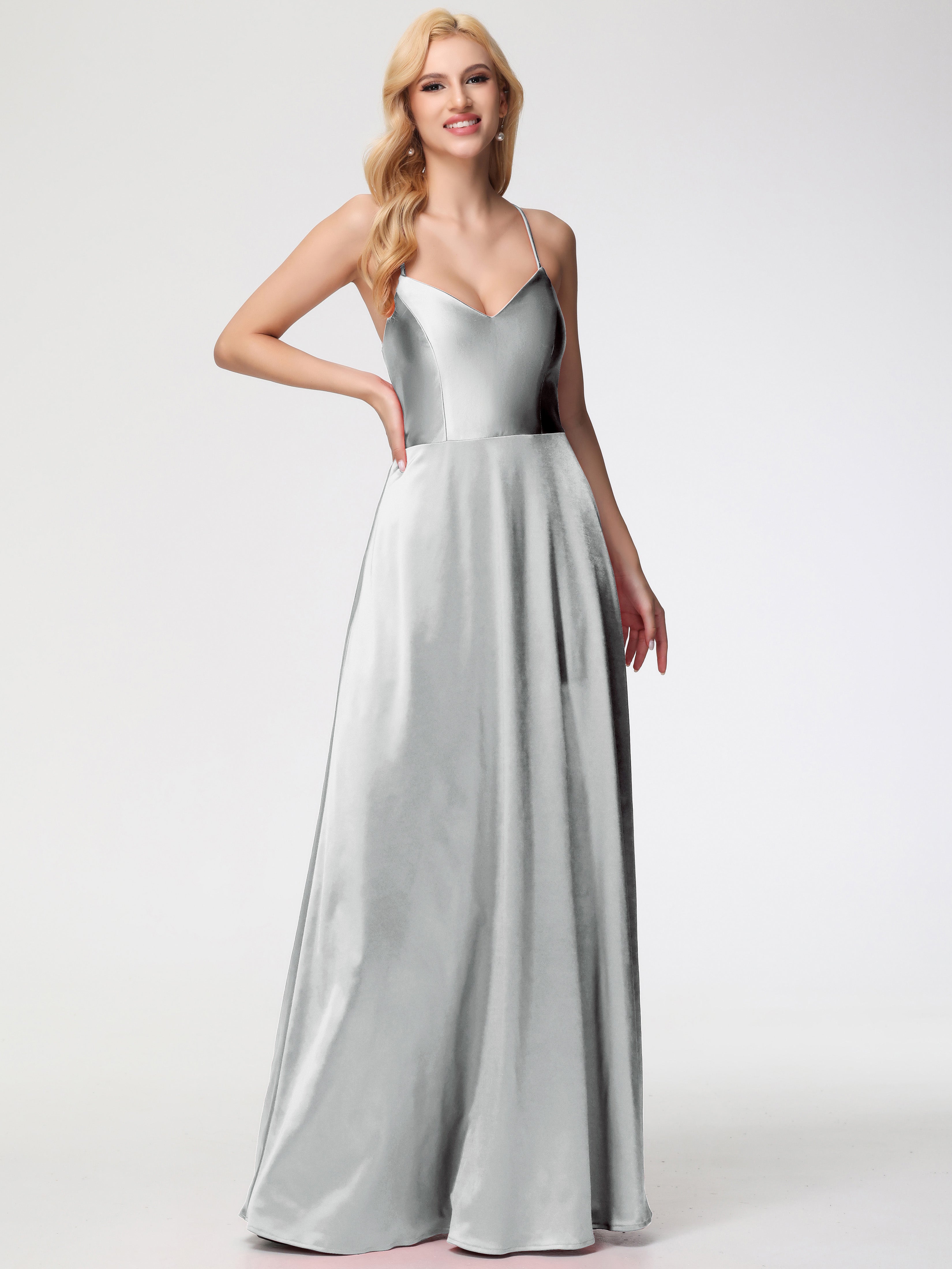 Bridesmaid Dress Silver A Line Spaghetti Straps V-Neck Floor Length St