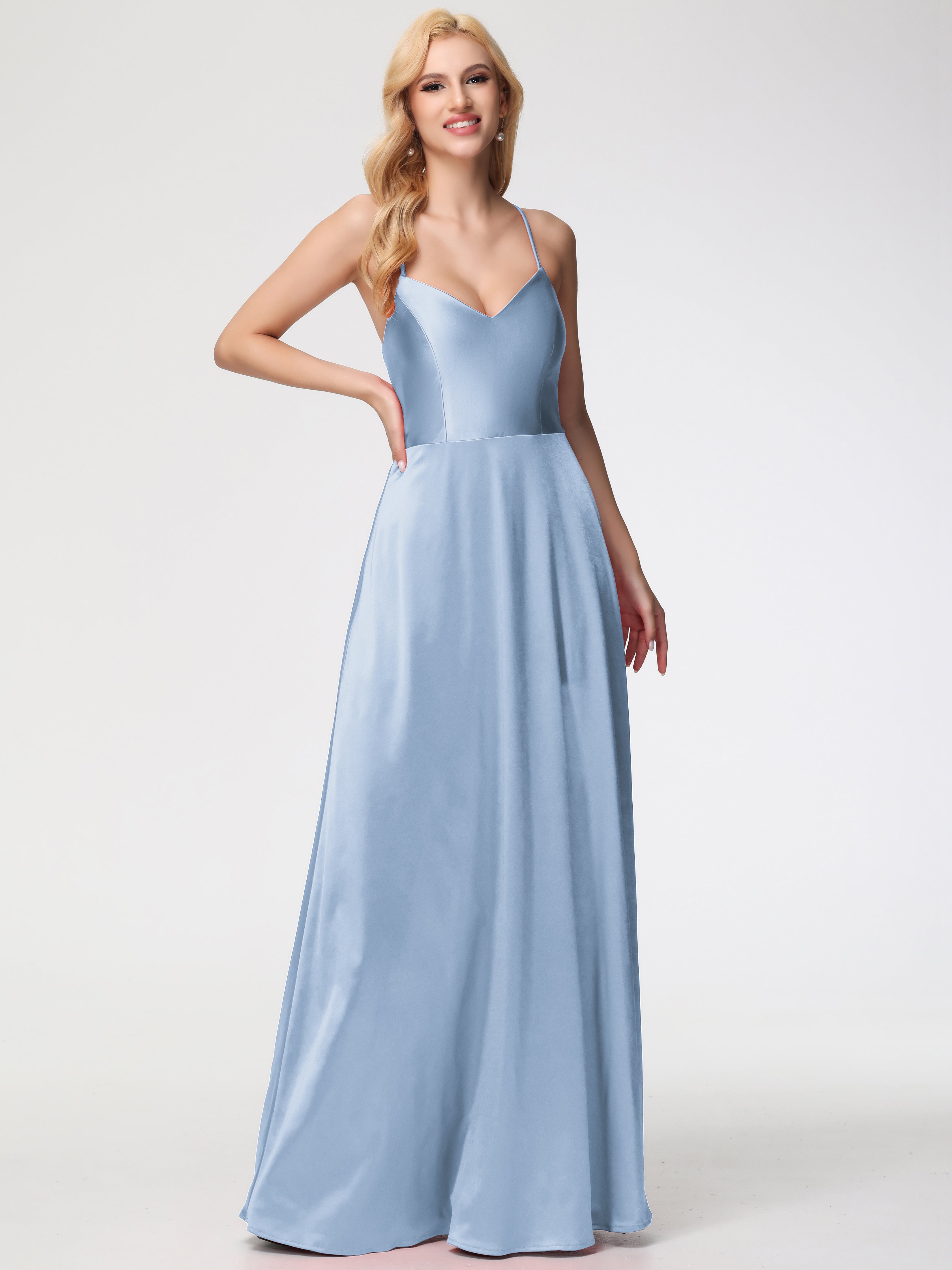 Sky Blue Stretch Satin Prom Dresses A Line Spaghetti Straps V-Neck Flo