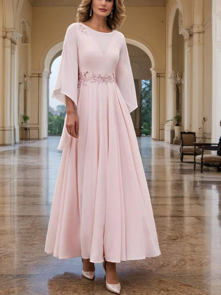A-Line 3/4 Length Sleeve with Lace Appliqued Chiffon Wedding Guest Dress