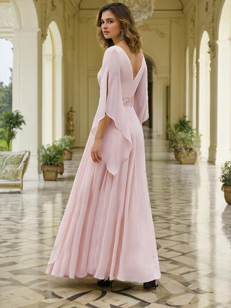 A-Line 3/4 Length Sleeve with Lace Appliqued Chiffon Wedding Guest Dress A-Line 3/4 Length Sleeve with Lace Appliqued Chiffon Wedding Guest Dress