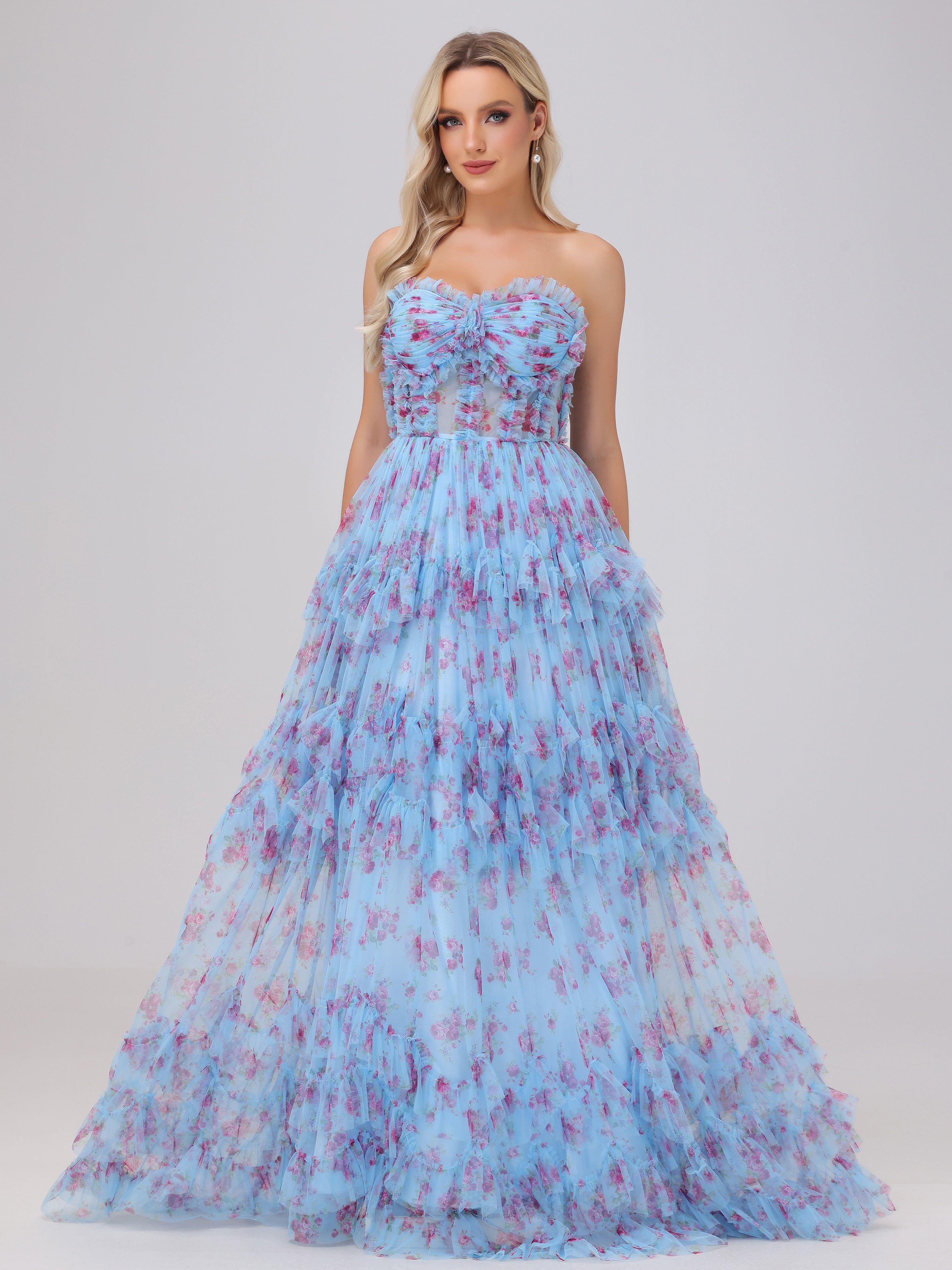 Sweetheart Floral Printed Ruffles Chiffon Prom Dresses Sweetheart Floral Printed Ruffles Chiffon Prom Dresses