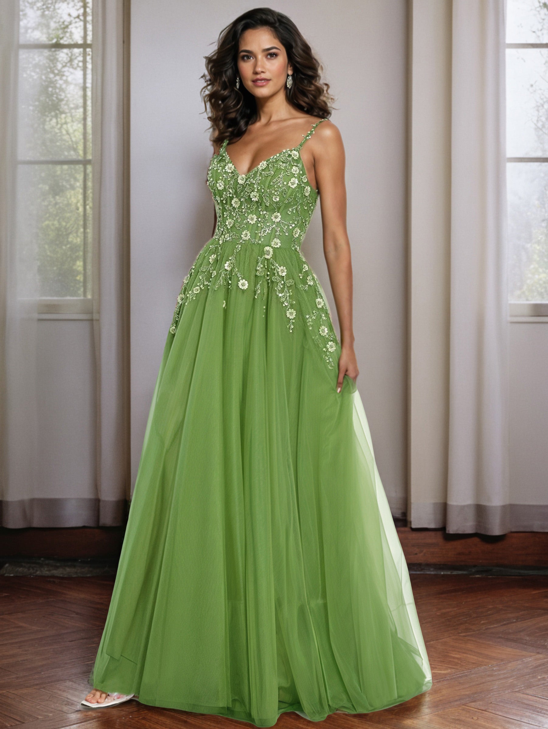 A-Line Spaghetti Straps Floral Appliques Floor Length Prom Dress A-Line Spaghetti Straps Floral Appliques Floor Length Prom Dress