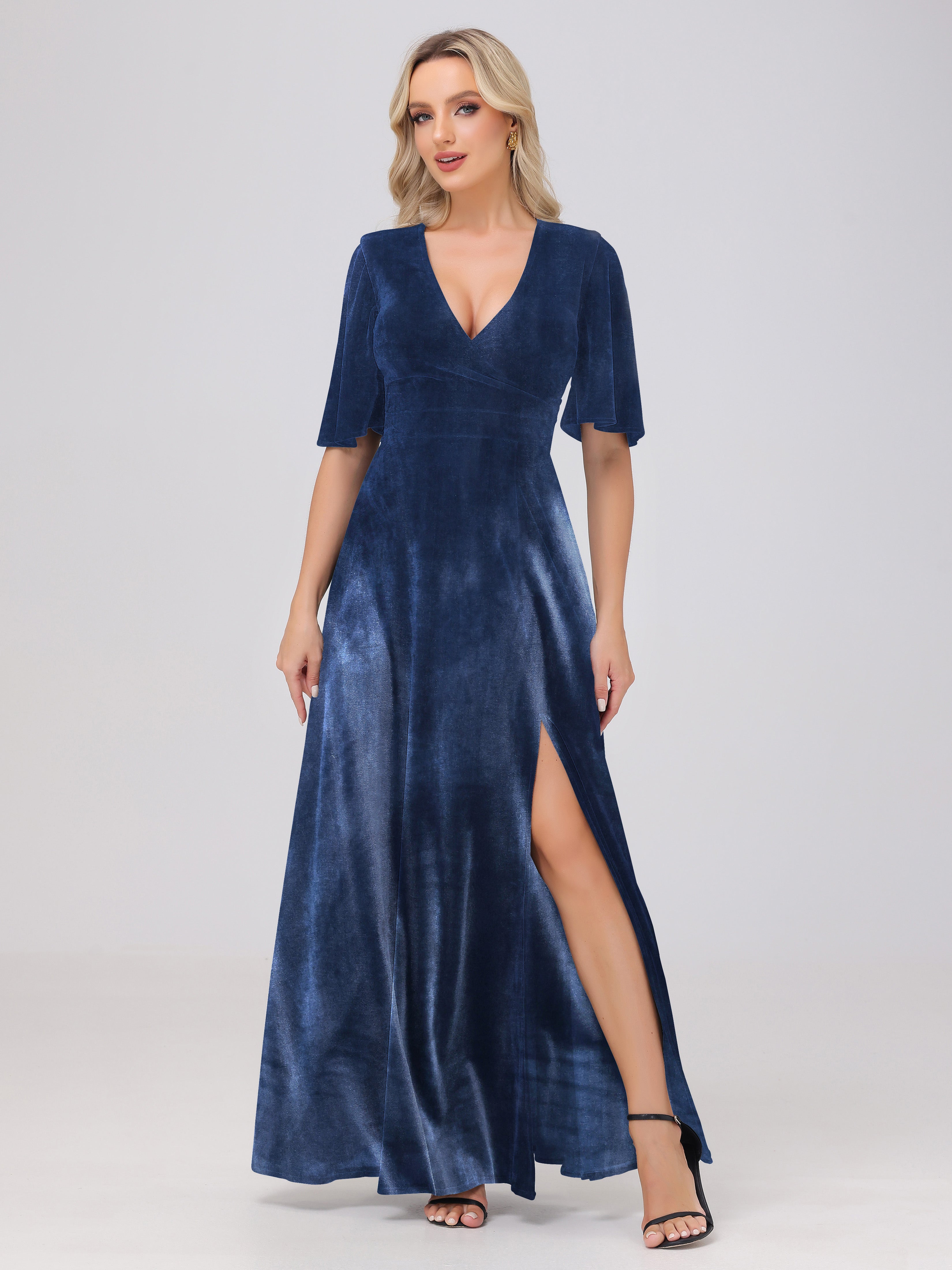 A-Line V-Neck Short Sleeves Velvet Bridesmaid Dresses with Slit, Slate_Blue A-Line V-Neck Short Sleeves Velvet Bridesmaid Dresses with Slit, Slate_Blue
