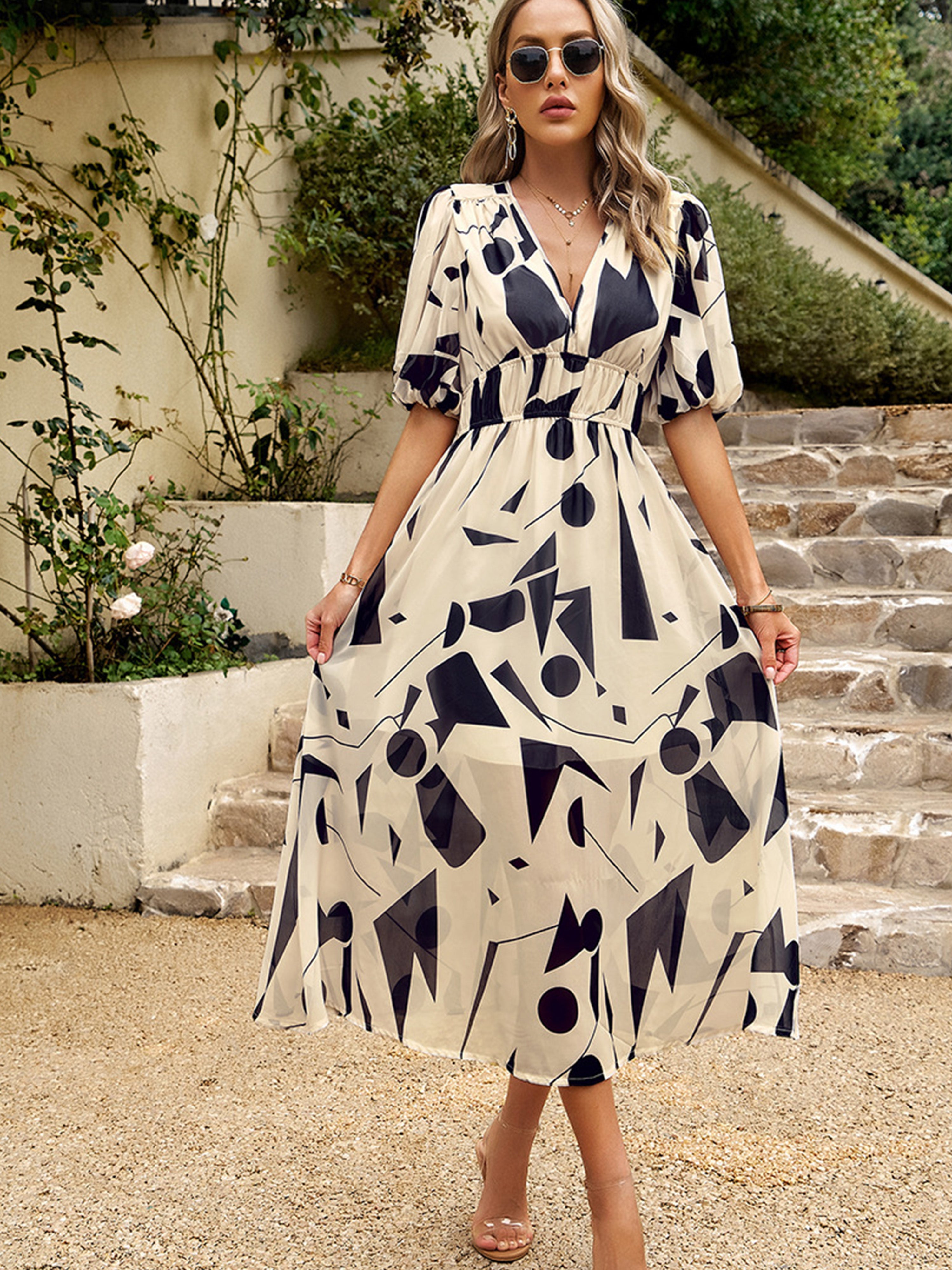 V Neck Ankle Length Short Sleeves Apricot Wedding Guest Dress V Neck Ankle Length Short Sleeves Apricot Wedding Guest Dress