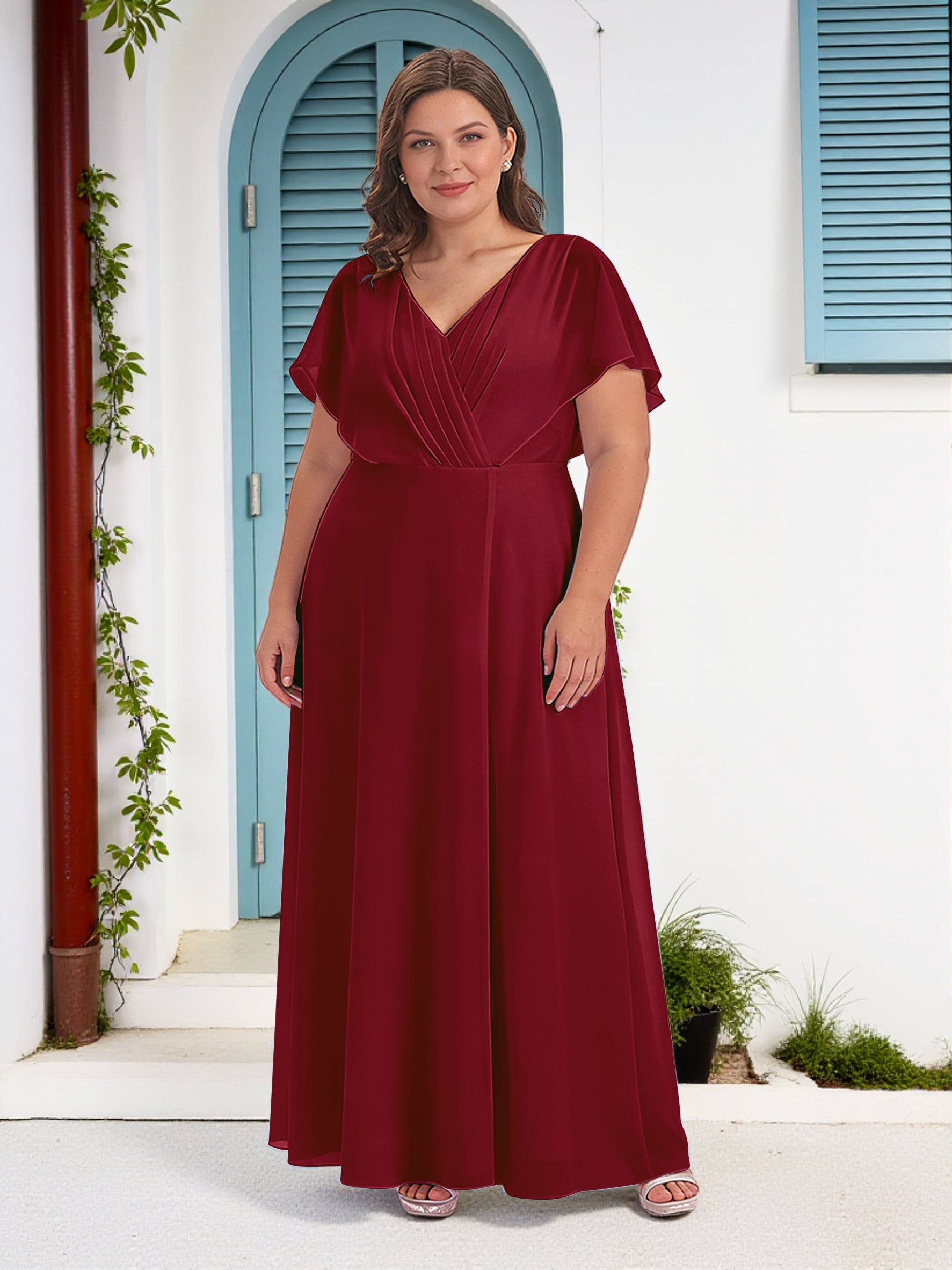 Cicinia Burgundy Mother Of The Bride Dress Long Chiffon A-line Plus Size V-neck Floor Length