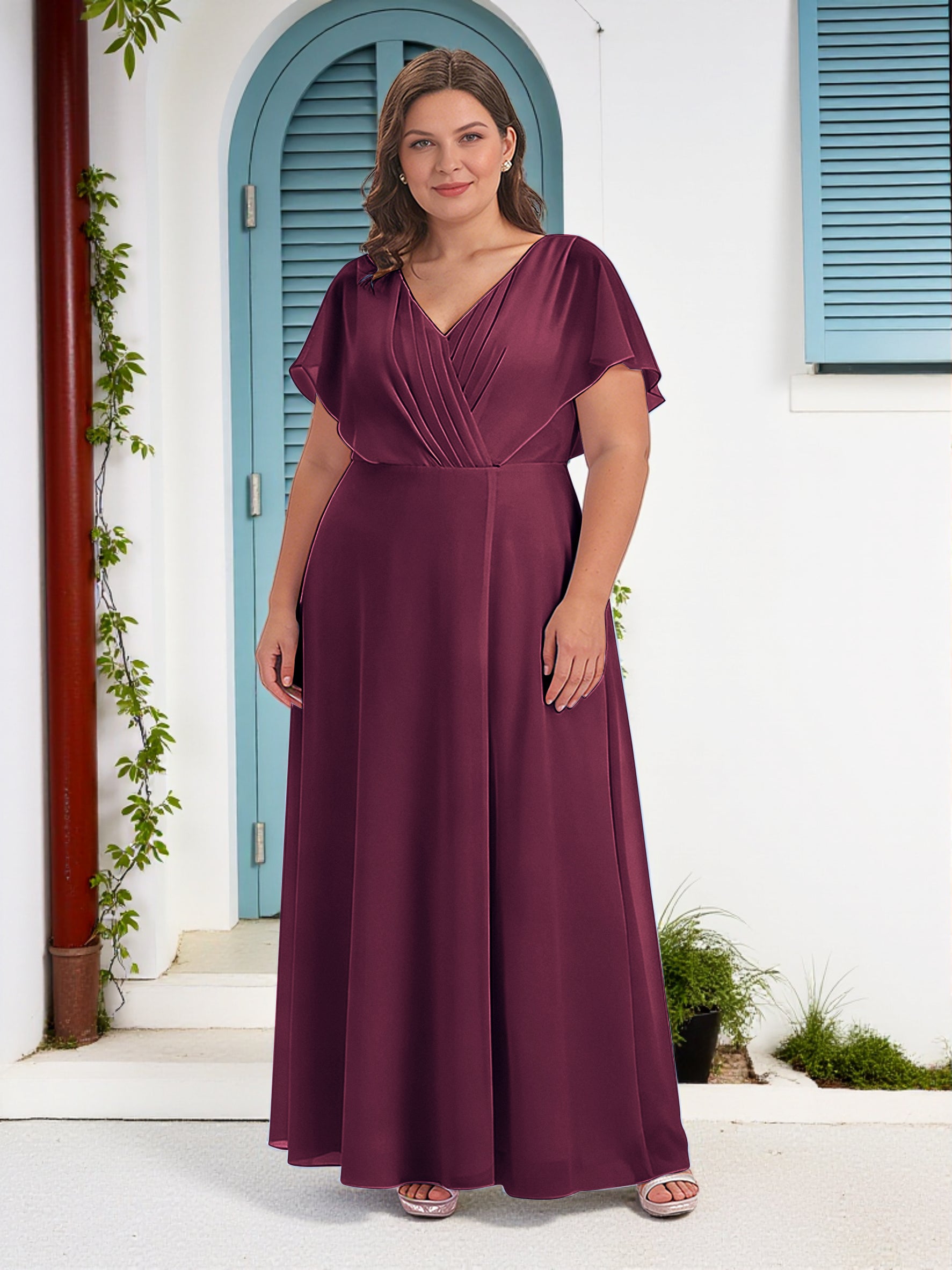 Cicinia Mulberry Mother Of The Bride Dress Long Chiffon A-line Plus Size V-neck Floor Length