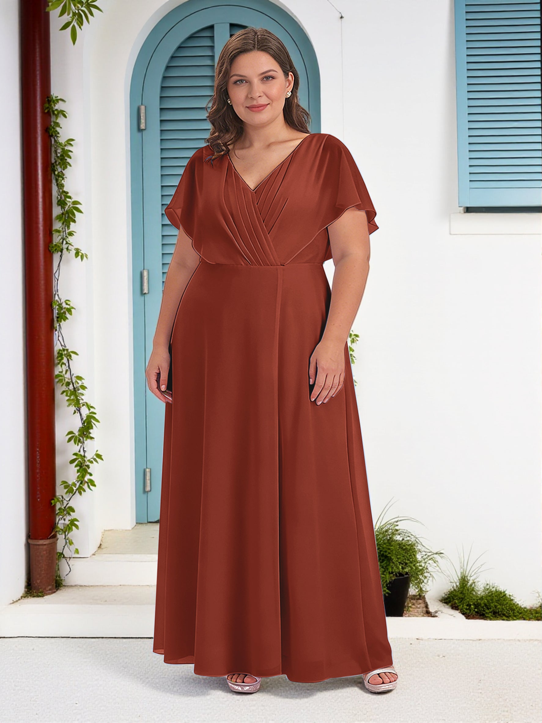 Cicinia Rust Mother Of The Bride Dress Long Chiffon A-line Plus Size V-neck Floor Length