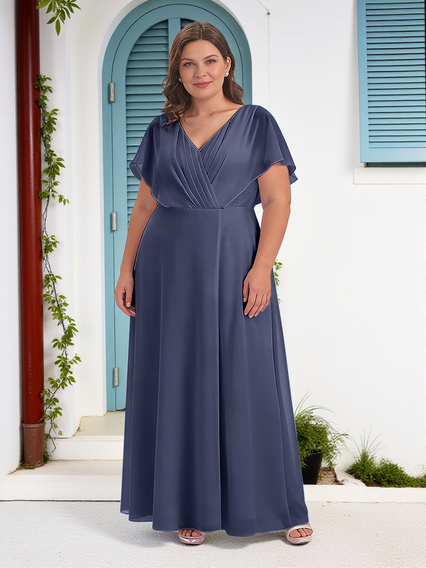 Cicinia Stormy Mother Of The Bride Dress Long Chiffon A-line Plus Size V-neck Floor Length
