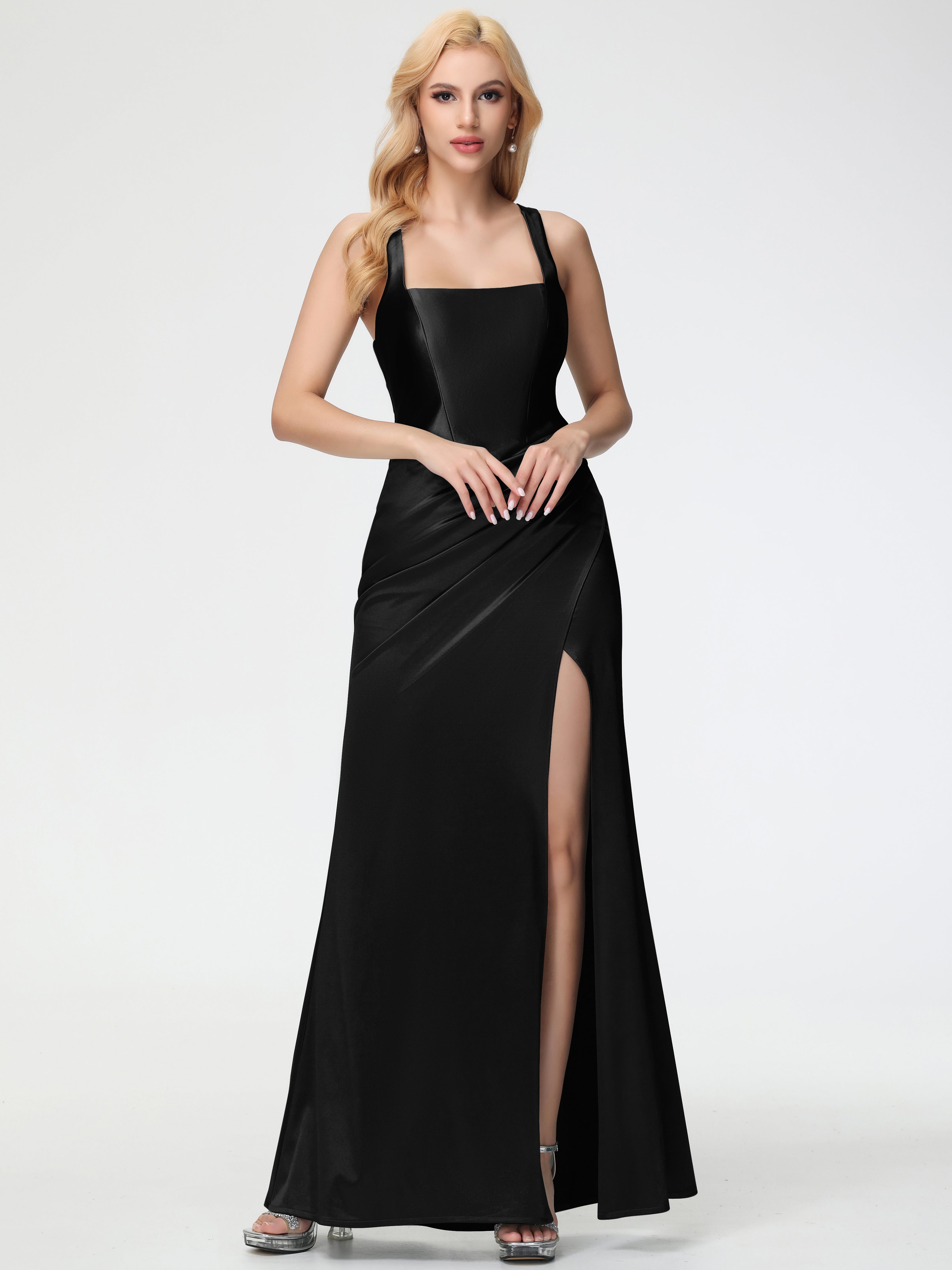 Black Stretch Satin Prom Dress Straps Ruched Floor Length Sheath Prom Black Stretch Satin Prom Dress Straps Ruched Floor Length Sheath Prom