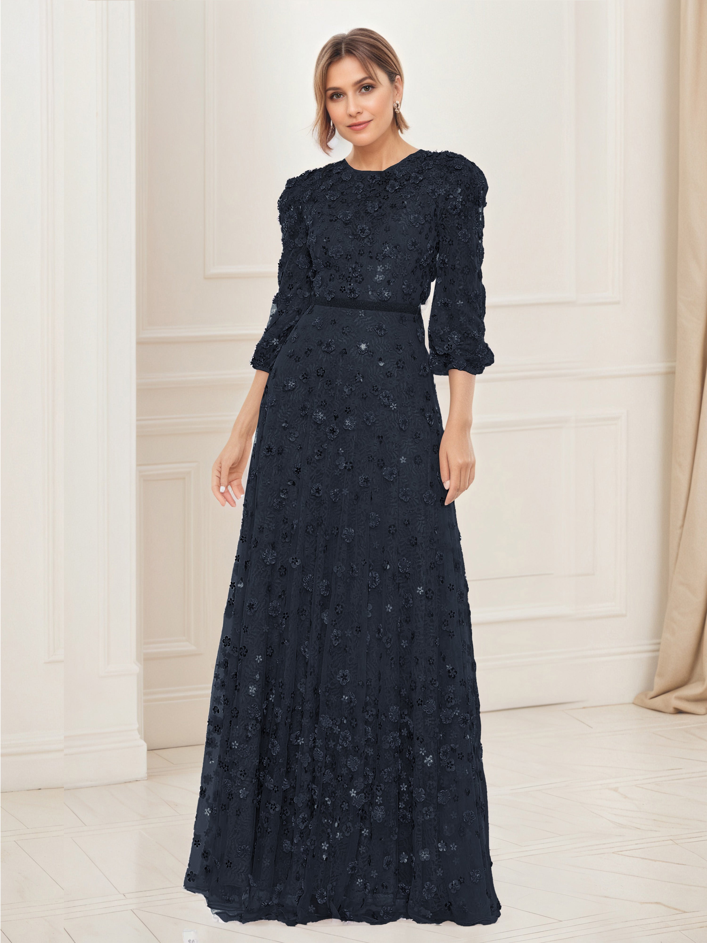 A-Line Women's Dress Black Floral Appliques 3/4 Sleeve Mother of Bride Dress A-Line Women's Dress Black Floral Appliques 3/4 Sleeve Mother of Bride Dress