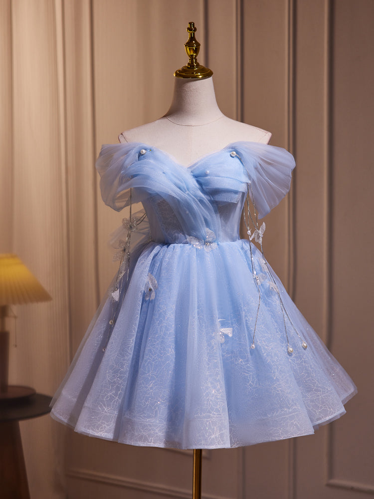 Blue Fairy Off the Shoulder Lace Short Homecoming Dresses Blue Fairy Off the Shoulder Lace Short Homecoming Dresses