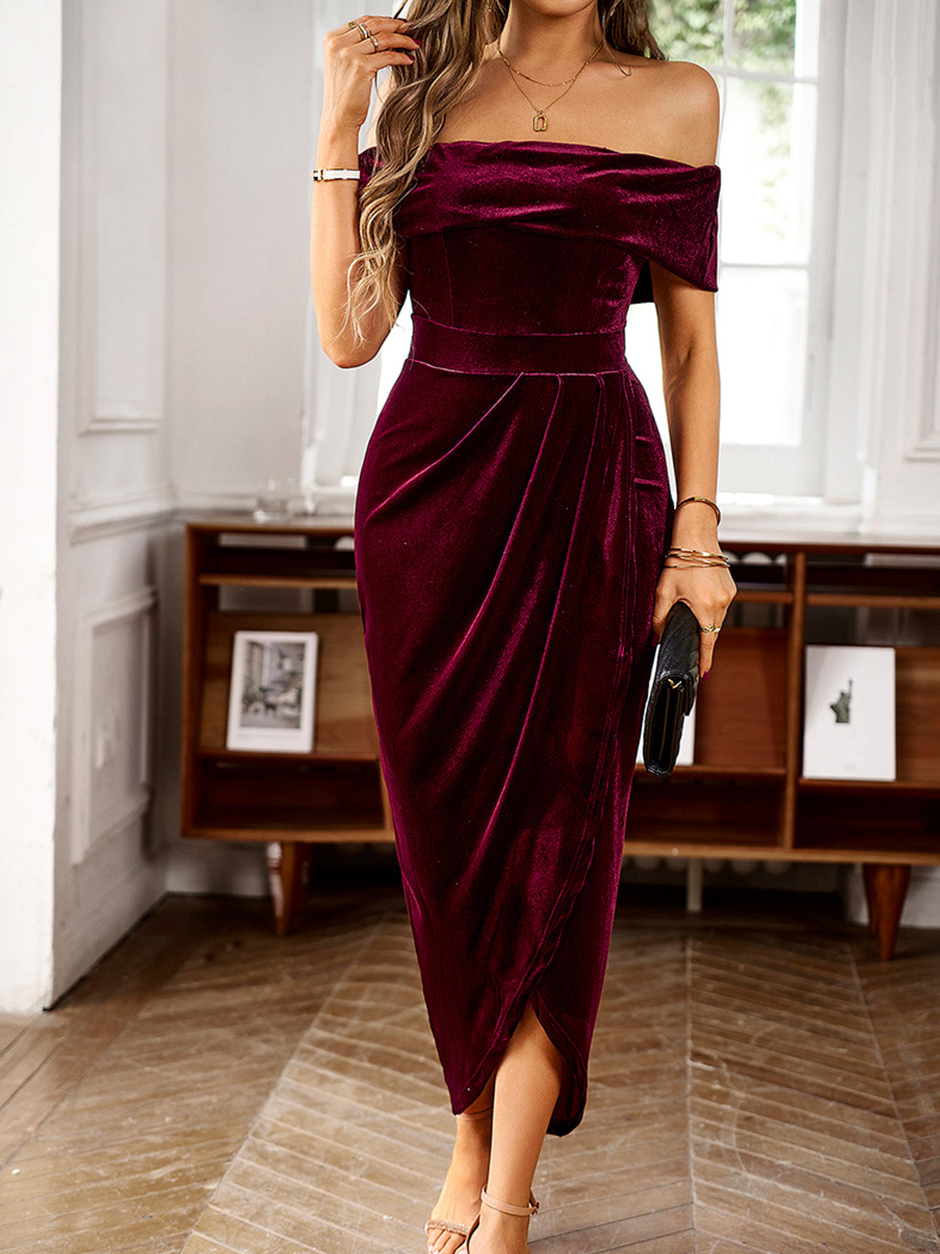 Brown Off The Shoulder Strapless Maxi Velvet Wedding Guest Dress