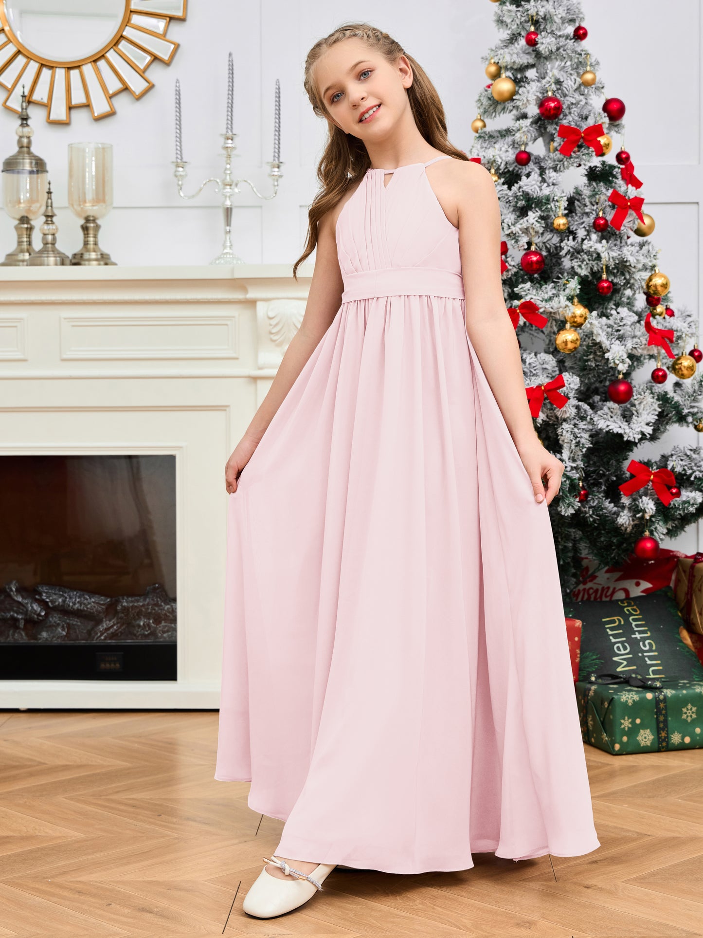 Halter Floor-Length Chiffon Junior Bridesmaid Dress