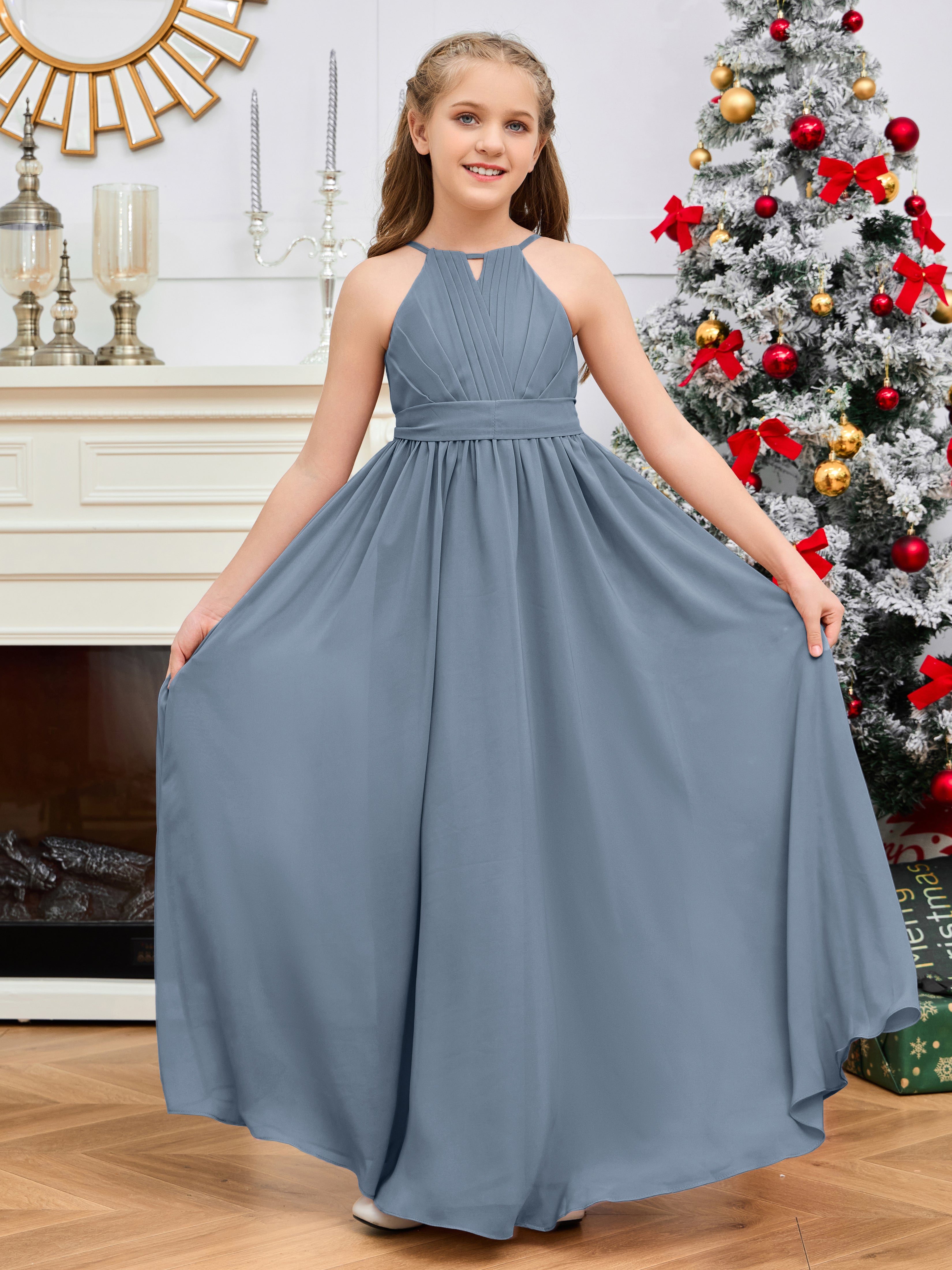 Halter Floor-Length Chiffon Junior Bridesmaid Dress, Dusty_Blue Halter Floor-Length Chiffon Junior Bridesmaid Dress, Dusty_Blue
