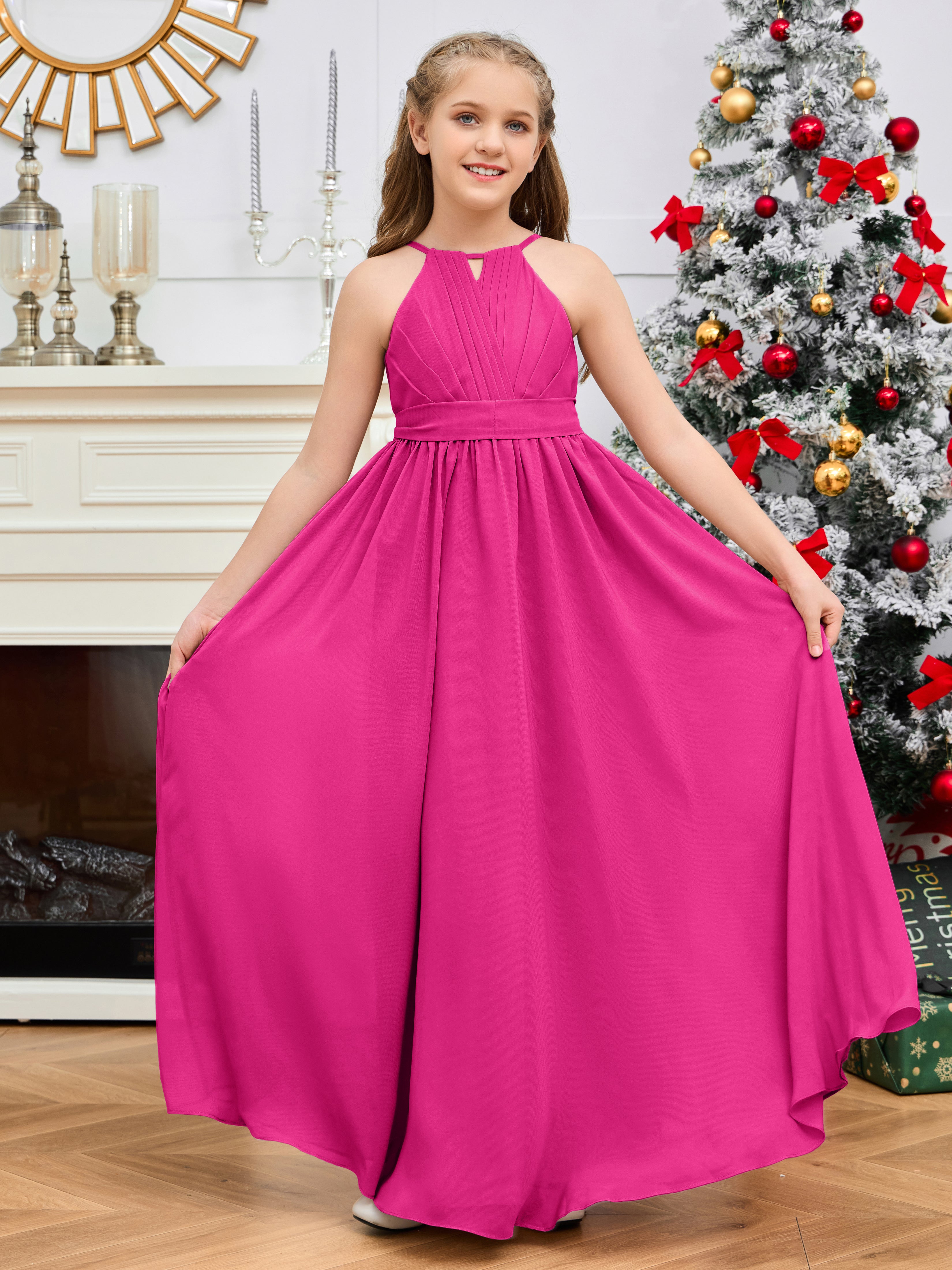 Halter Floor-Length Chiffon Junior Bridesmaid Dress