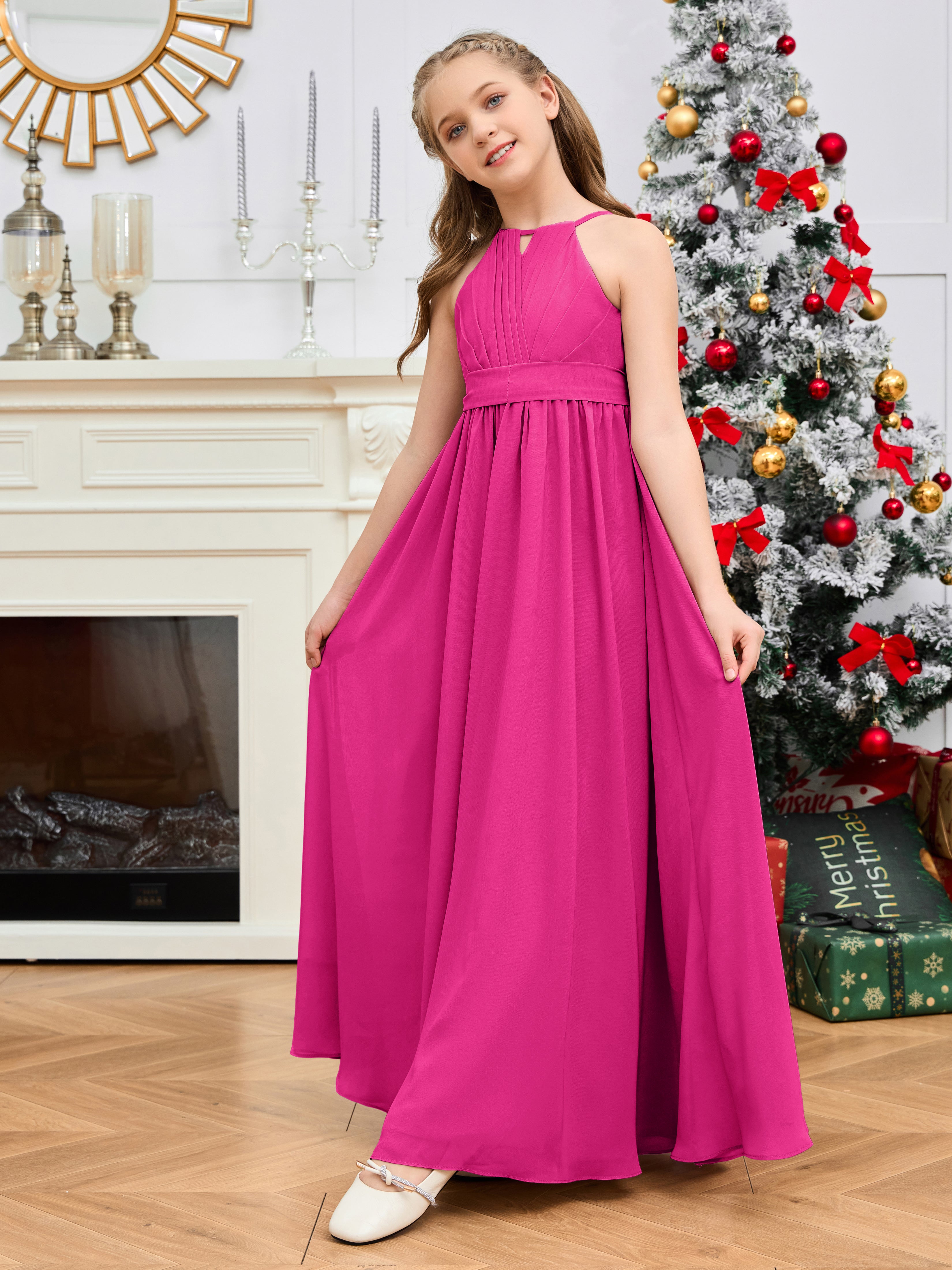 Halter Floor-Length Chiffon Junior Bridesmaid Dress