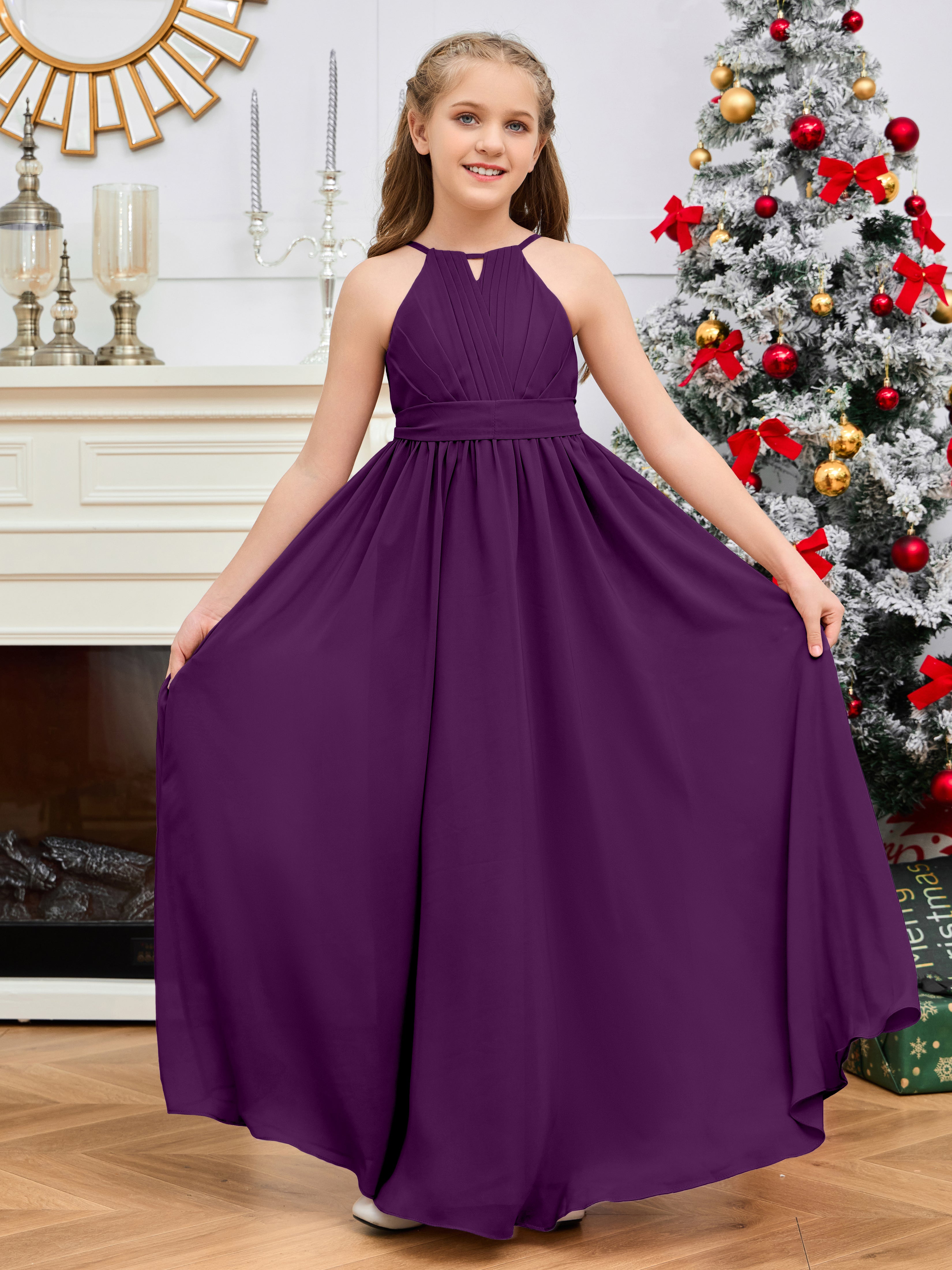 Halter Floor-Length Chiffon Junior Bridesmaid Dress