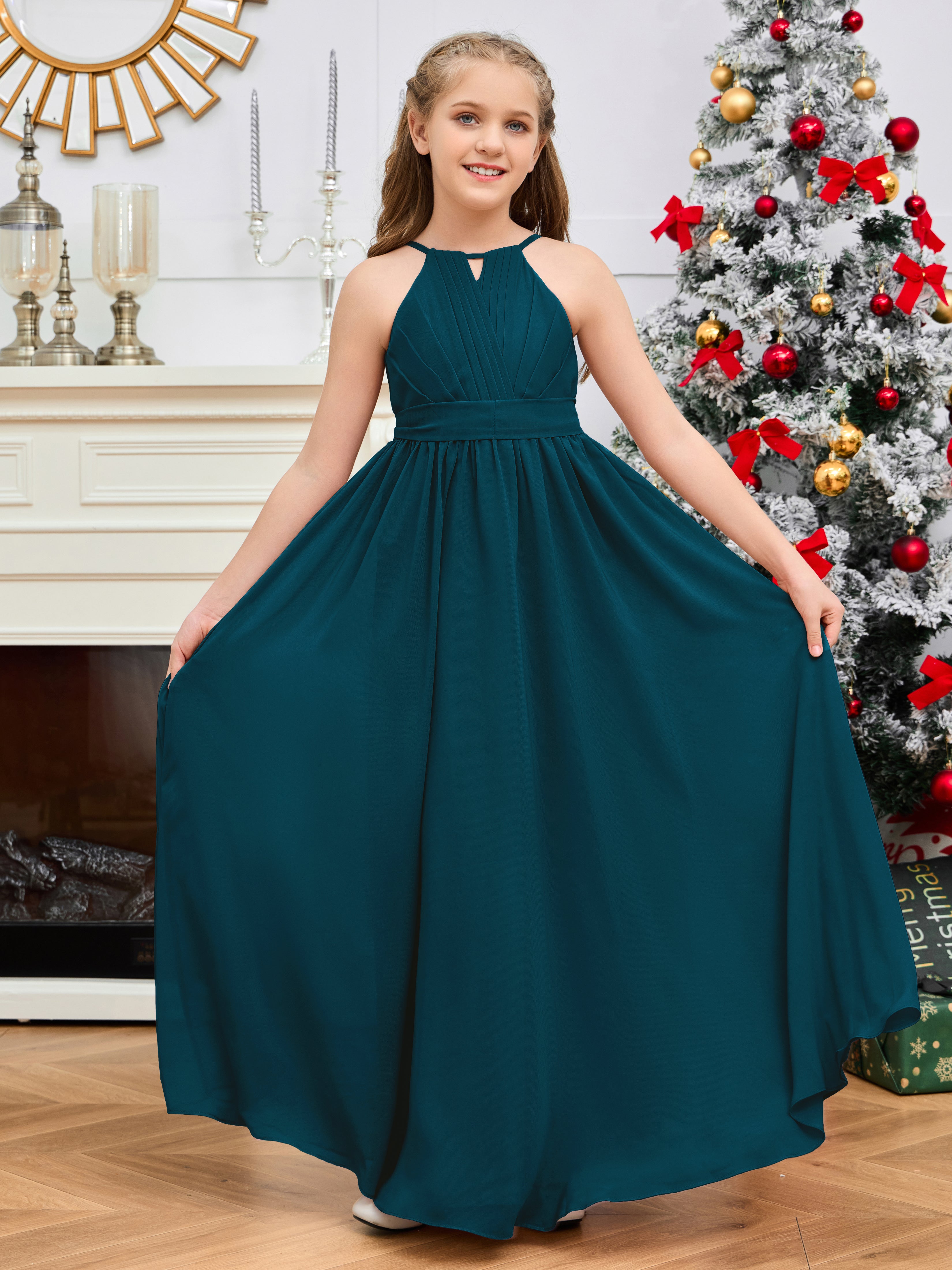 Halter Floor-Length Chiffon Junior Bridesmaid Dress