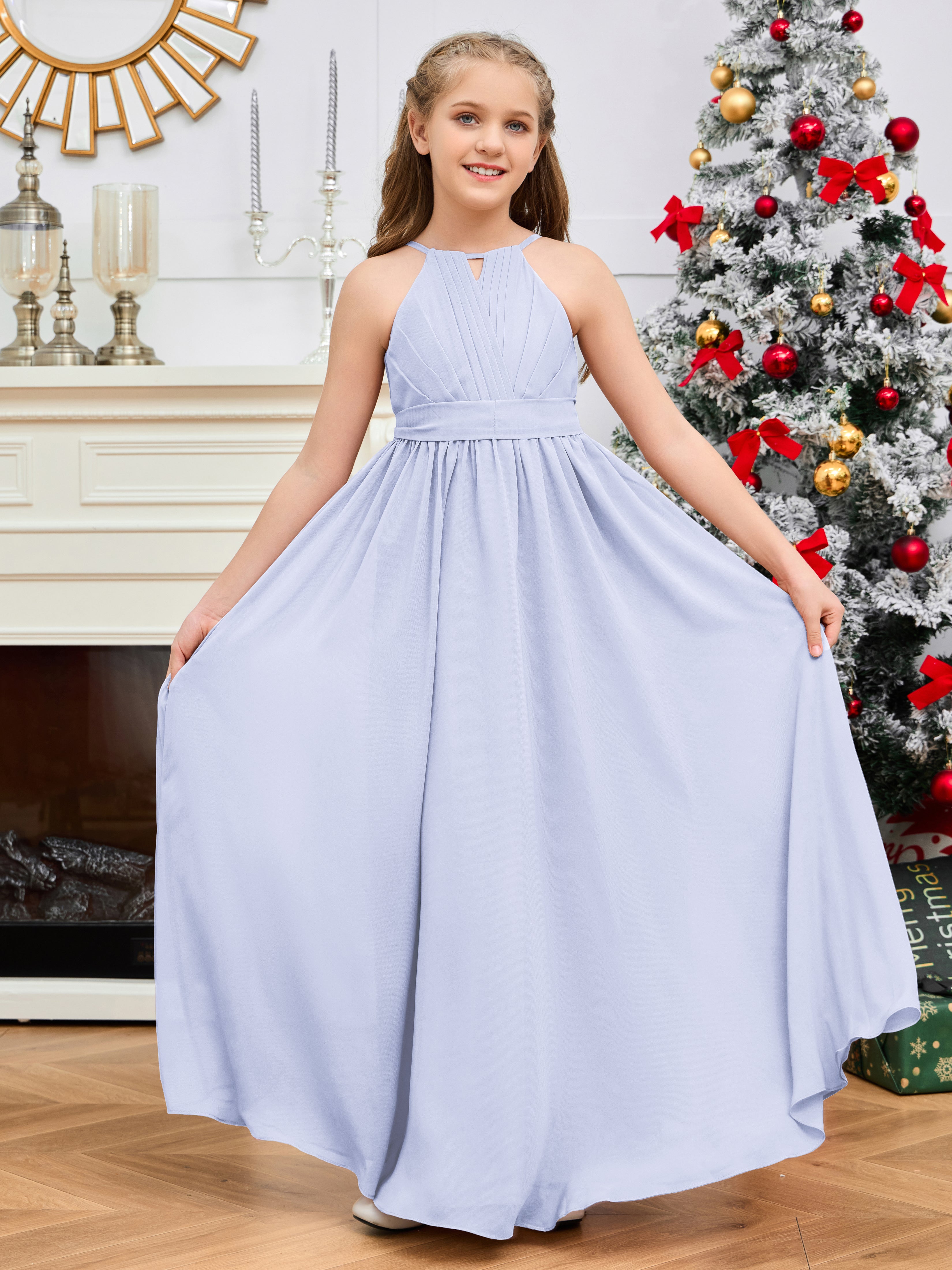 Halter Floor-Length Chiffon Junior Bridesmaid Dress