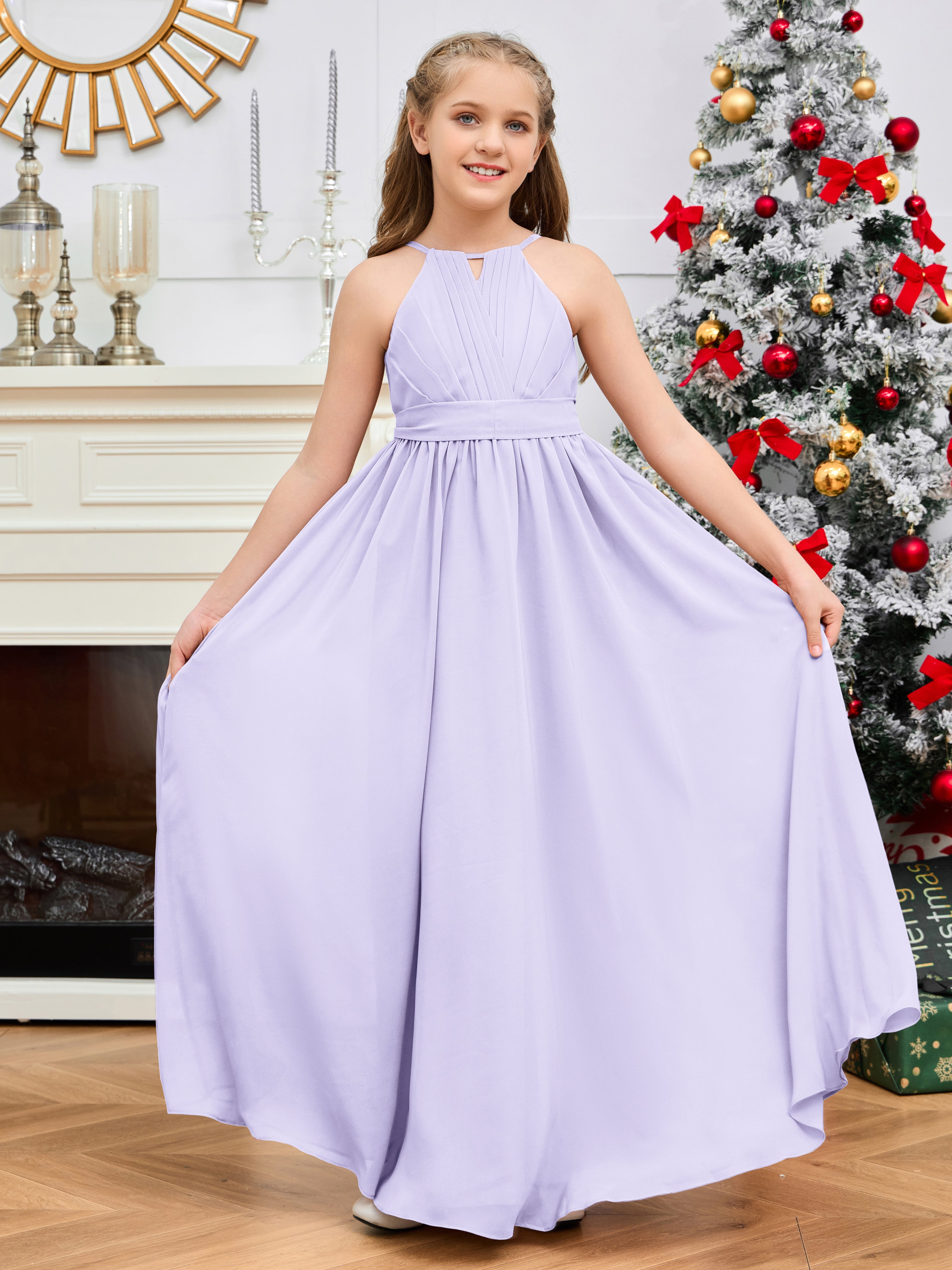 Halter Floor-Length Chiffon Junior Bridesmaid Dress