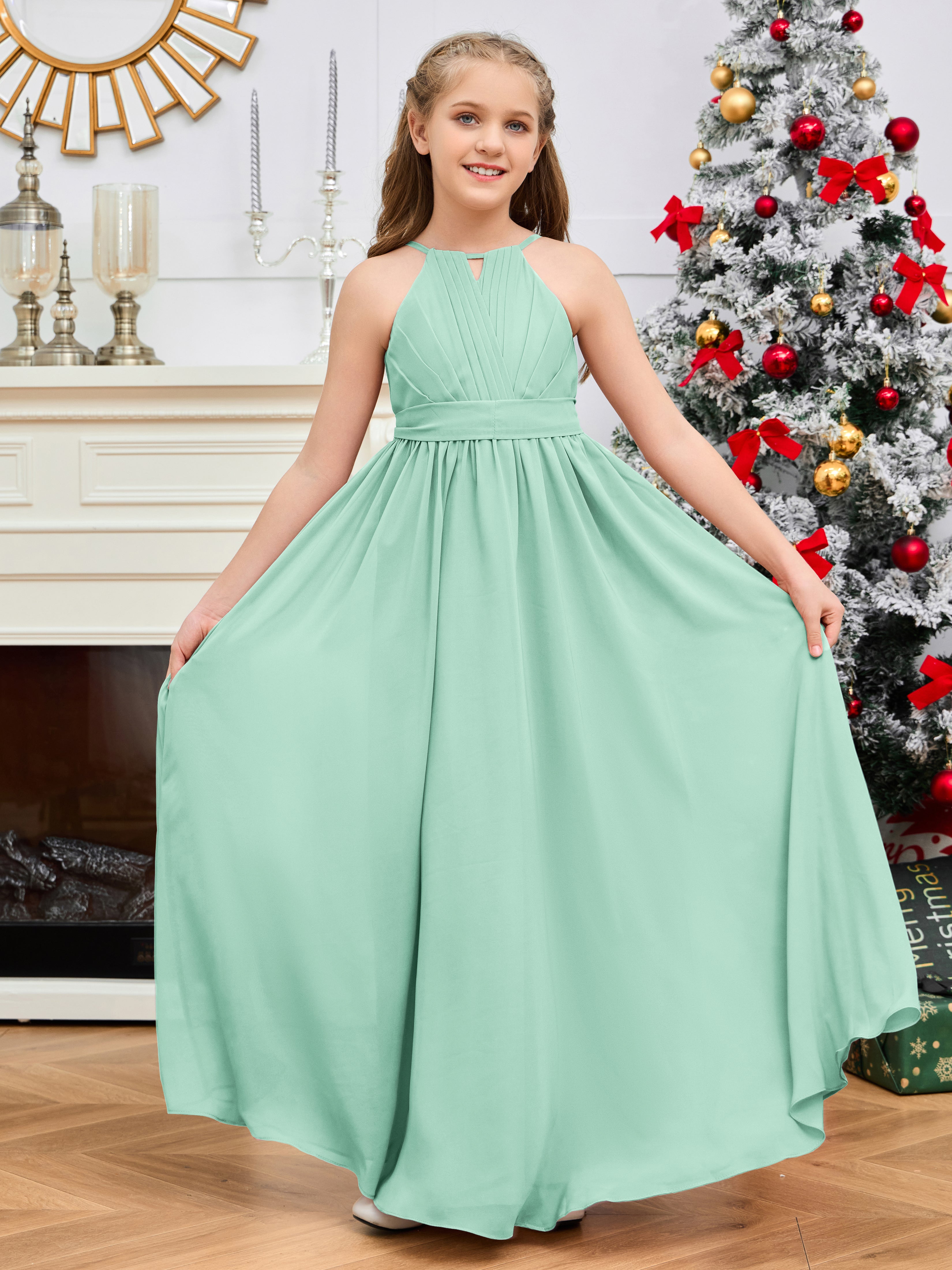 Halter Floor-Length Chiffon Junior Bridesmaid Dress